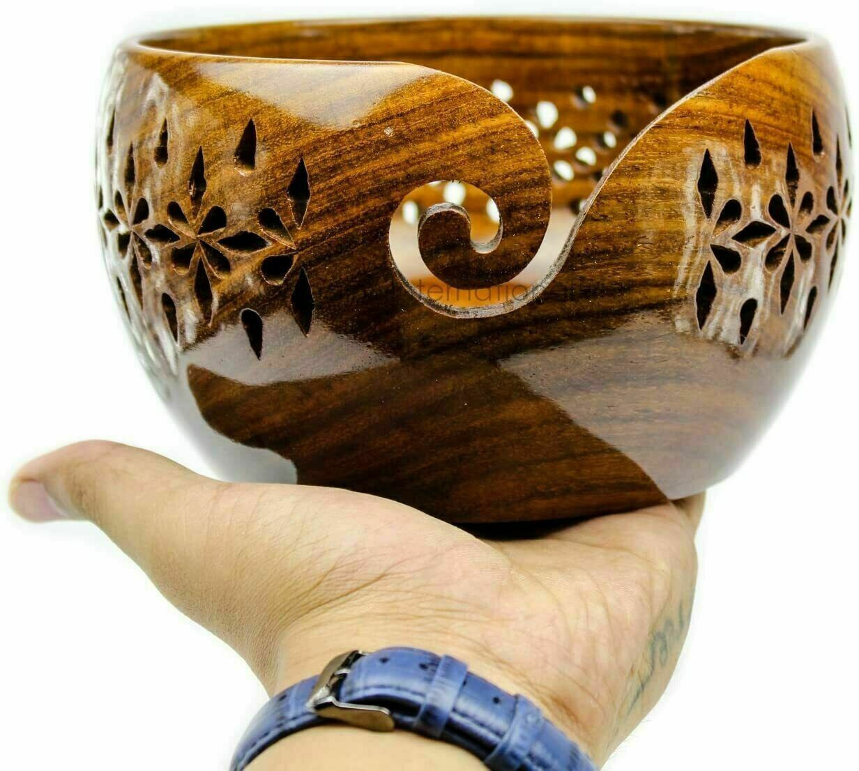 Stylish Yarn Bowl Hand Made Rosewood Wood For Knitting & Crochet Yarn Holder New