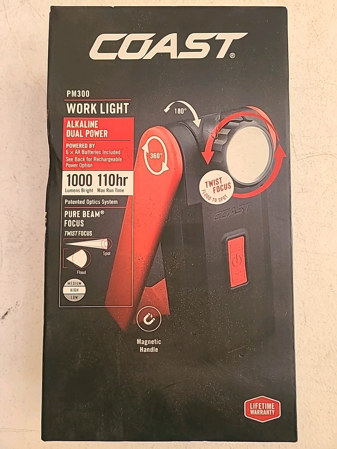 Coast Work Light PM300 Pure Beam Focus 1000 Lumen Magnetic Handle Rotating 110hr