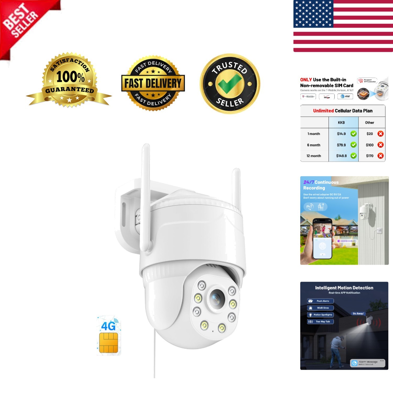 Wired 4G LTE Security Camera with Built-in SIM & Color Night Vision, 24/7 Use