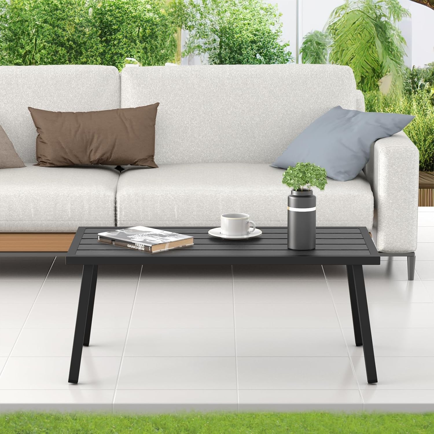 Small Metal Outdoor Coffee Side Table Outside Patio Rectangle Black