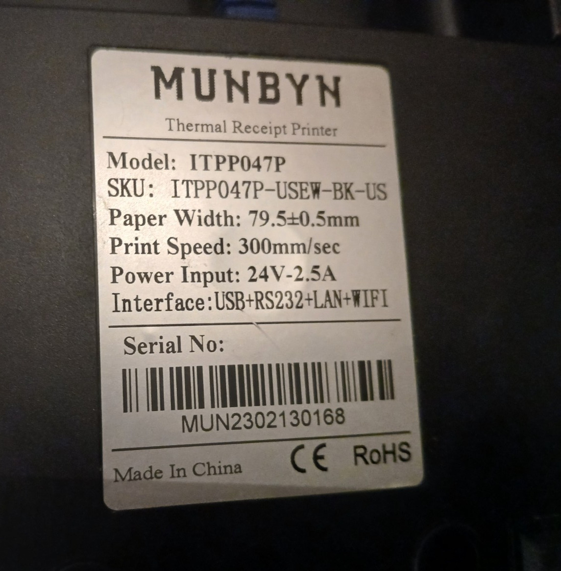 MUNBYN Thermal Receipt Printer ITPP047P ***Tested and Working As Pictured***