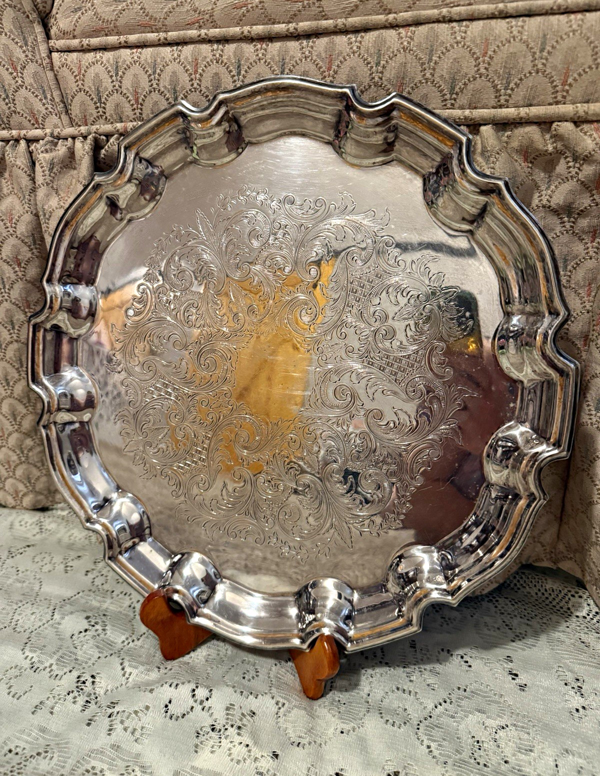 Towle Round Silver Plate Serving Tray with Scalloped Edge Engraved Design