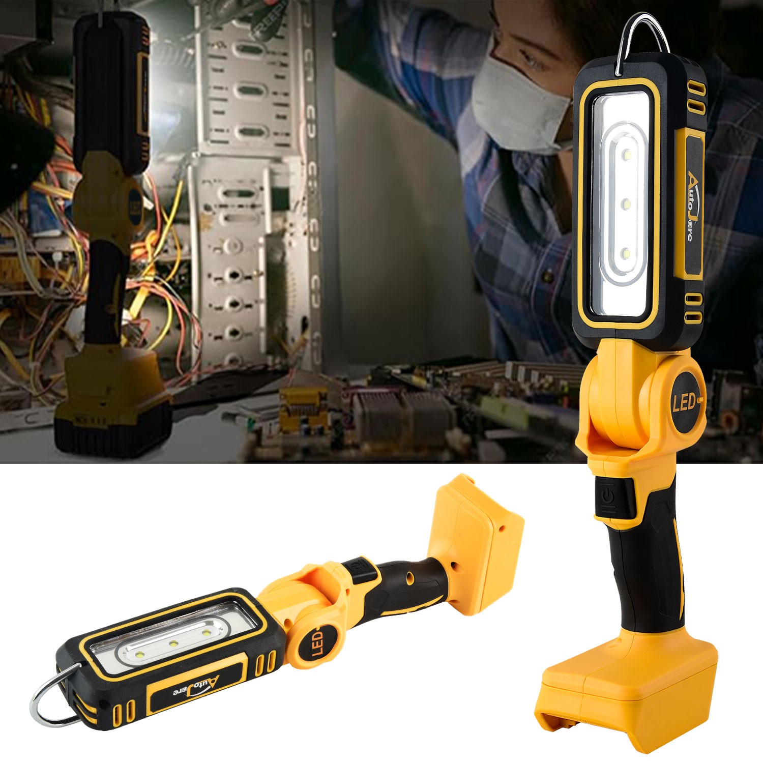 140° Rotating Handheld Torch Cordless LED Work Light for Dewalt 18V 20V Battery