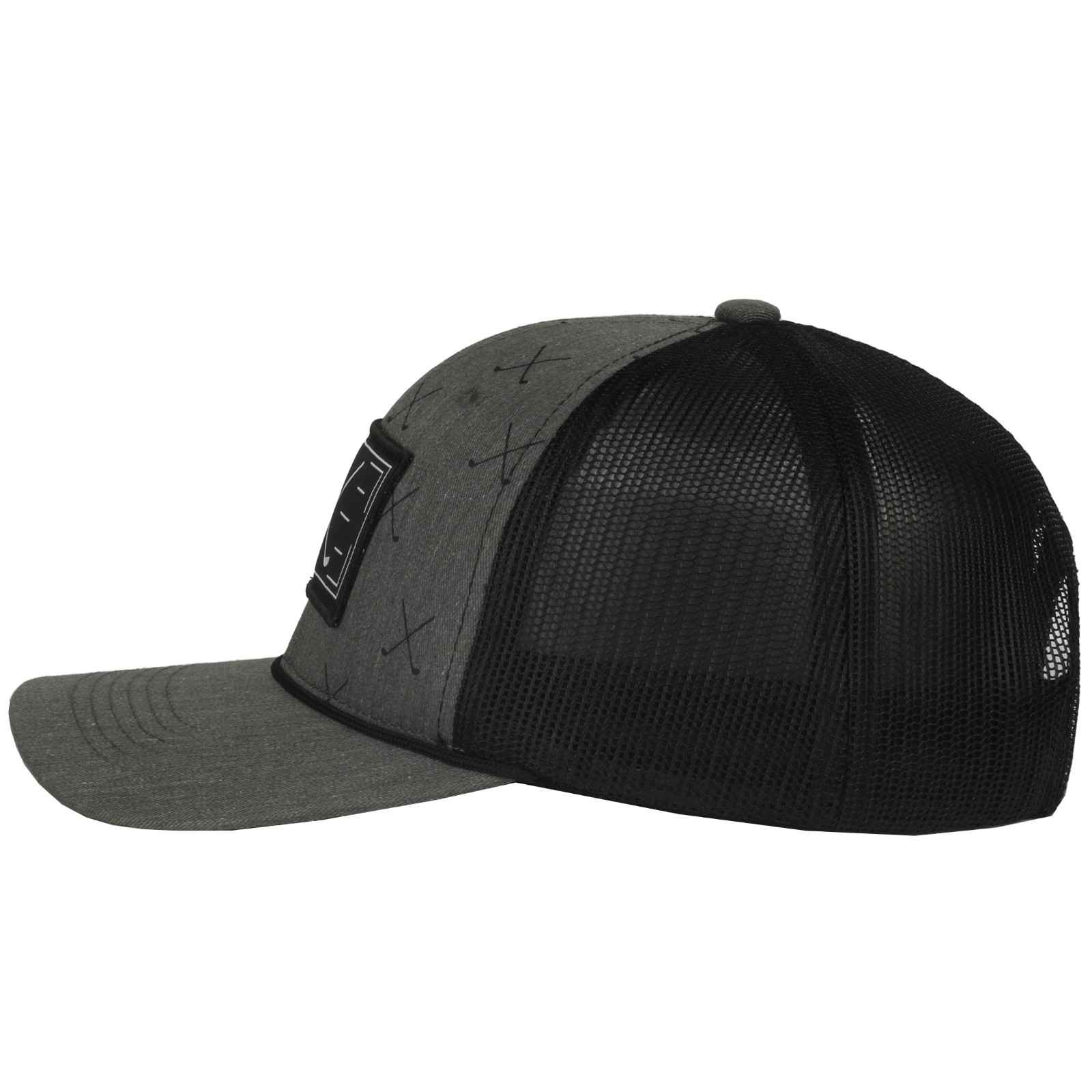 Men's Golf Trucker Hat, Black with Golf Clubs Graphic, Mid Profile Snapback