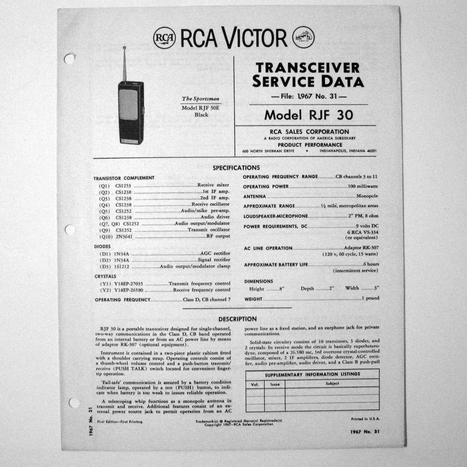 RCA ® Model RJF 30 Portable Transceiver Walkie Talkie - Service Manual © 1967