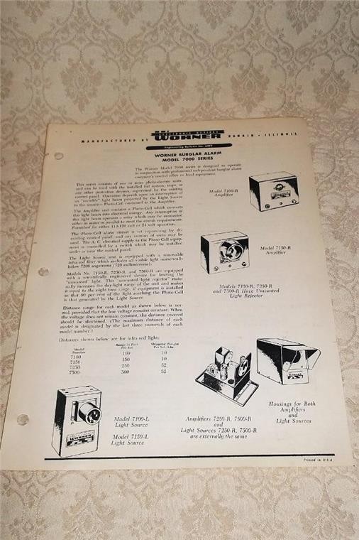 1950's WORNER ELECTRONIC DEVICES BURGLAR ALARM AMP ENGINEERING BULLETIN LEAFLET