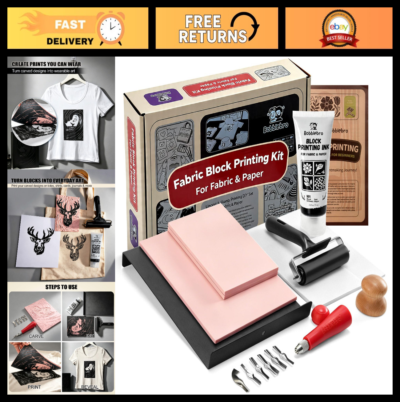 Linocut Printmaking Kit - Fabric Block Printing, Stamp Making, Carving Tools, In