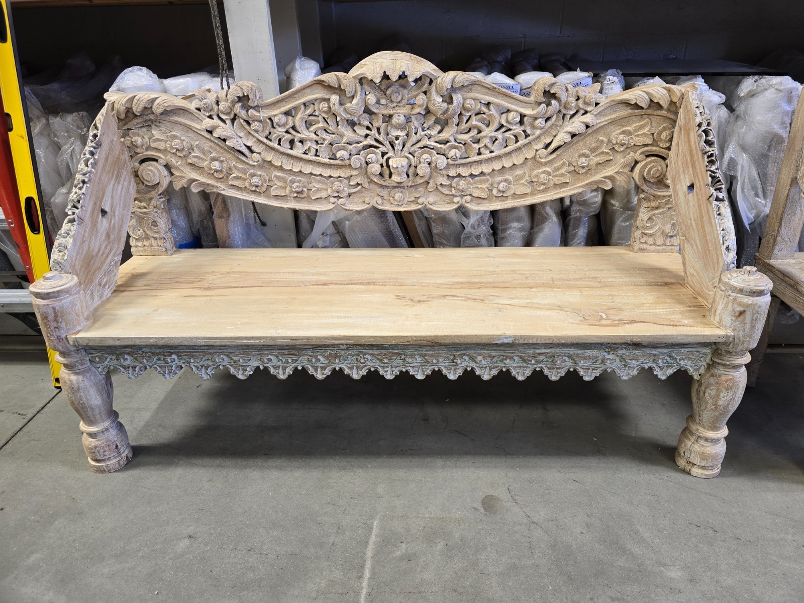 Reclaimed solid wood bench with floral carving design