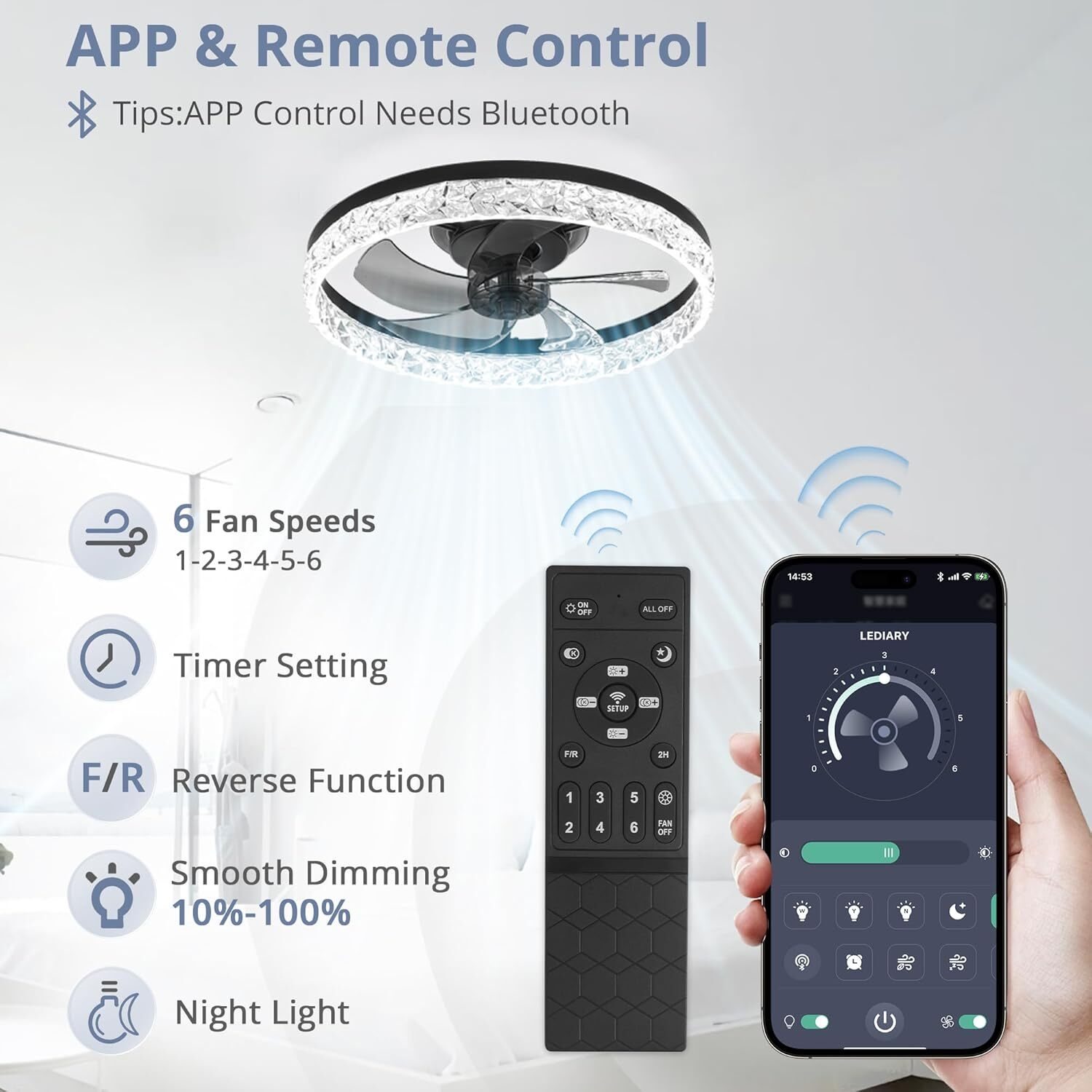 20" Modern Fan Lights Flush Mount LED Ceiling Light kit With APP Remote Control