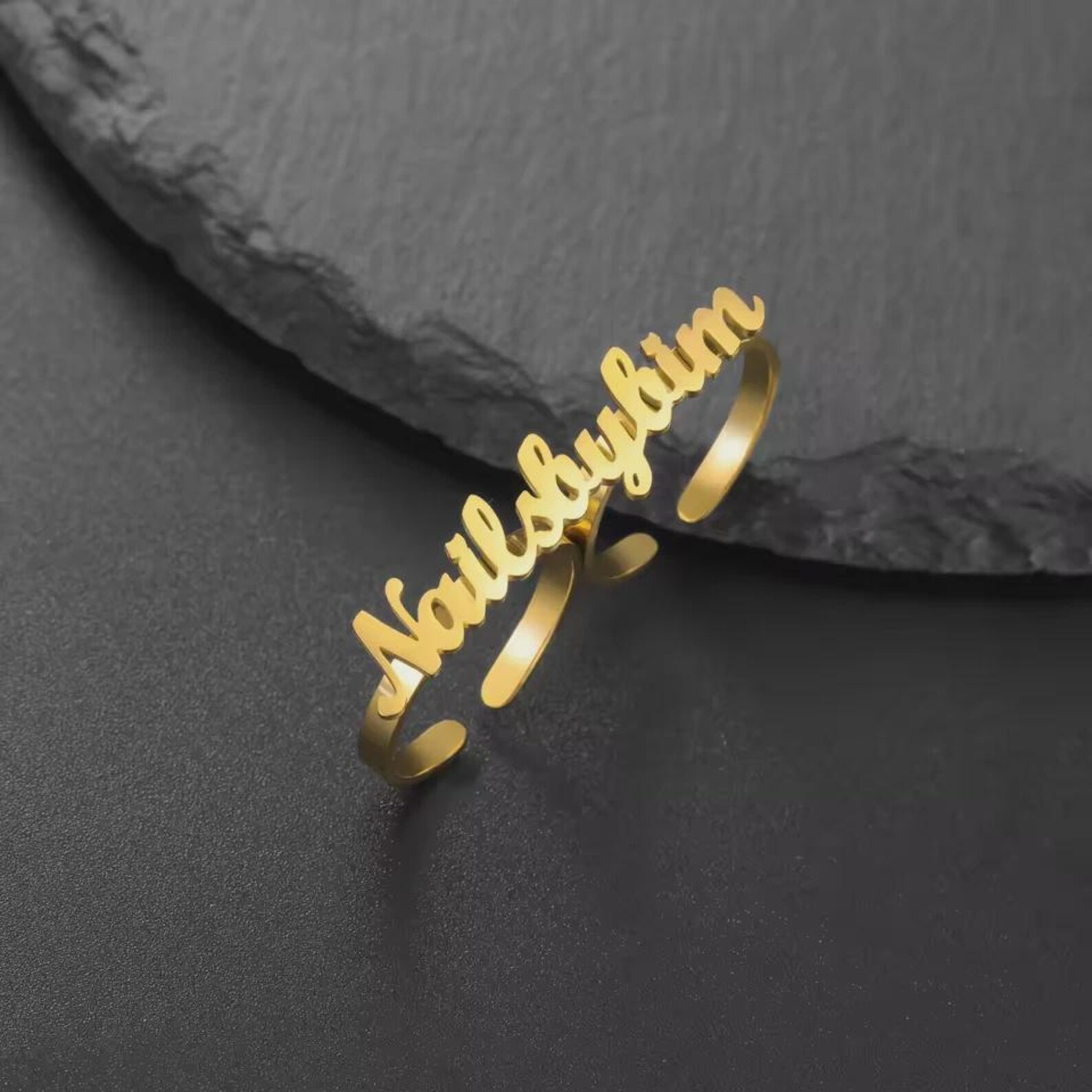 Custom Name Ring Stainless Steel Two Finger Cursive Jewelry for Women