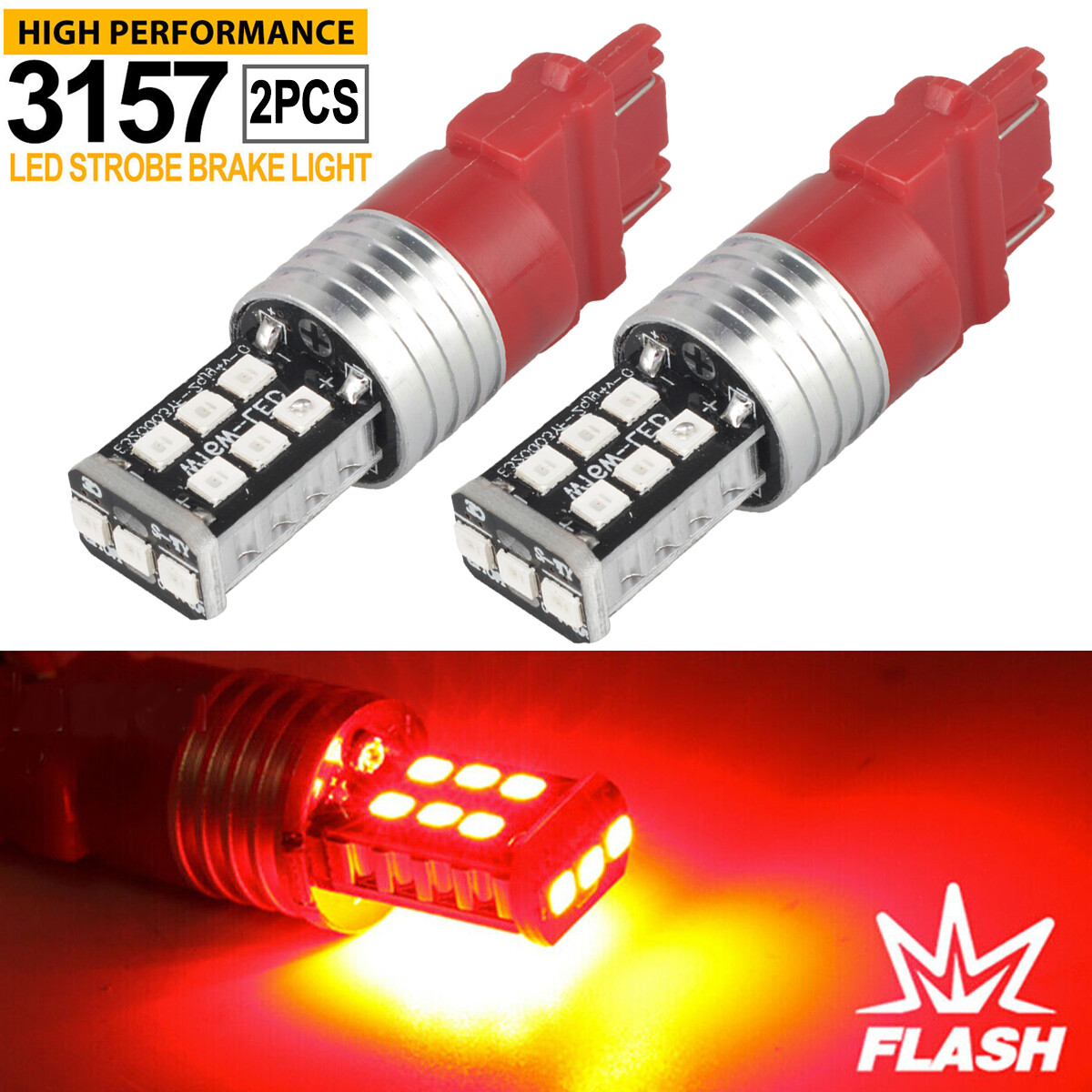 2x 3157 Red LED Bright Strobe Flash Blinking Brake Tail Stop Light/Parking Bulbs