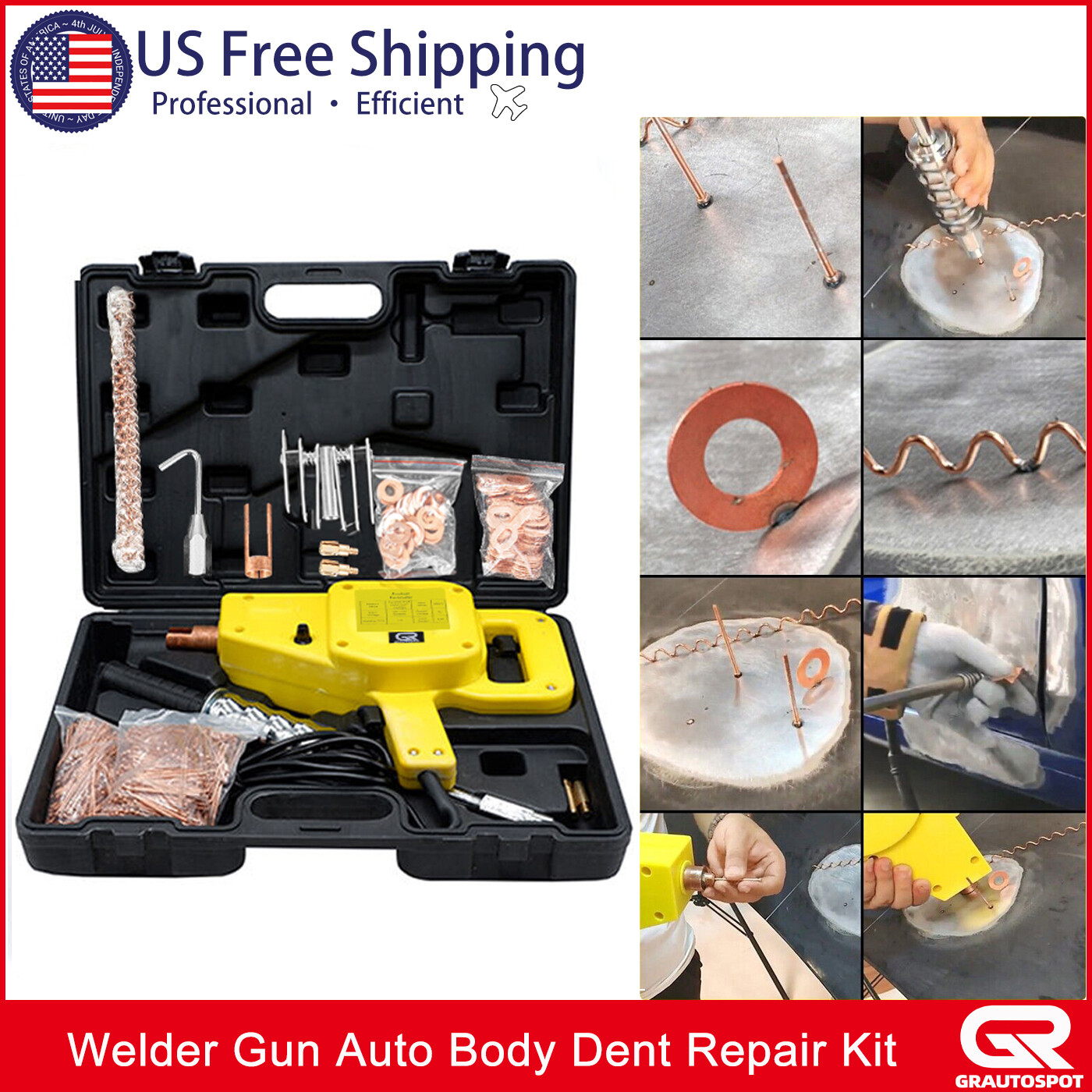 Auto Body Dent Repair Kit 800VA Electric Stud Welder Gun w/ Puller Hammer Yellow