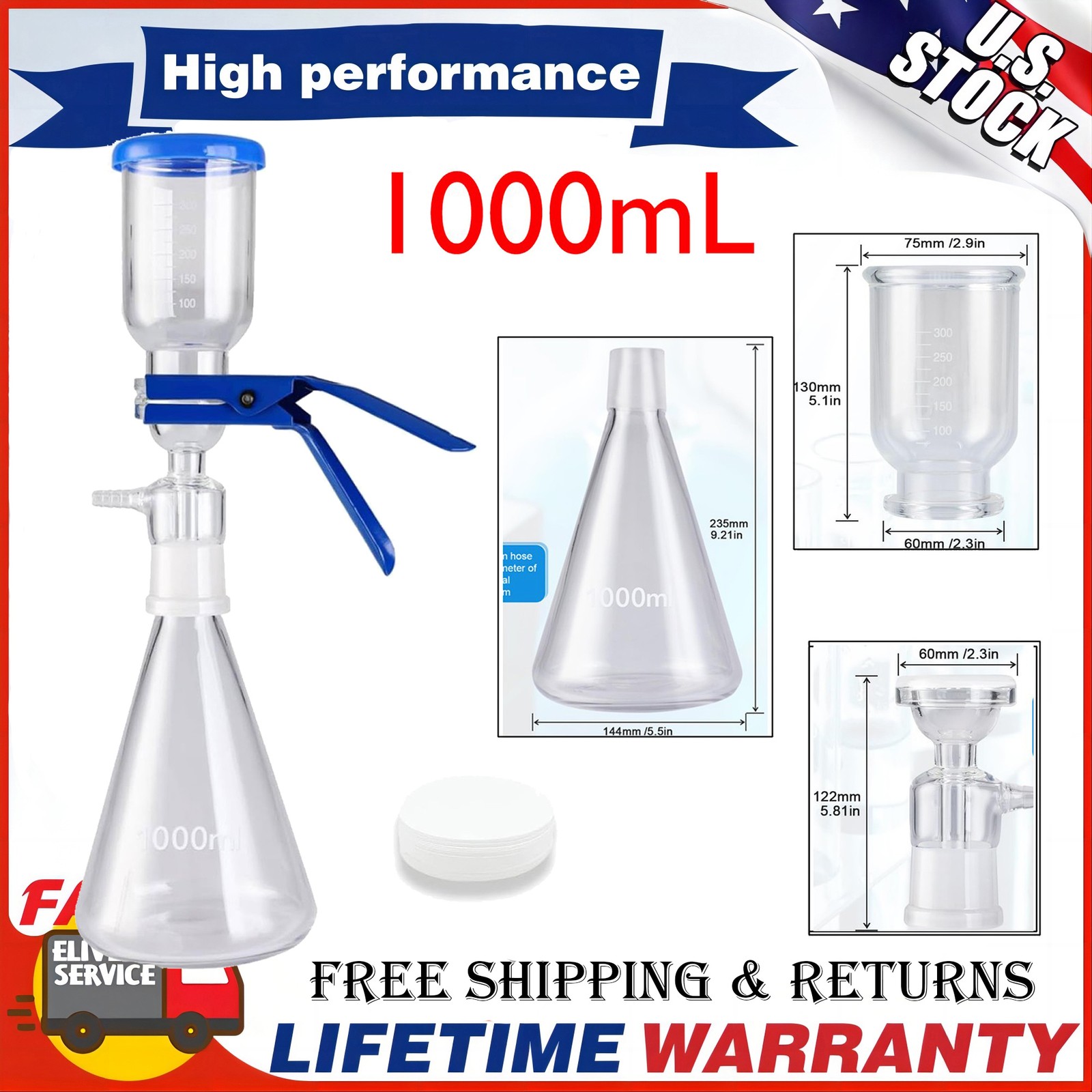 Lab Vacuum Filtration Distillation Kit 1000ml w/ 100 Pieces of Filter Paper US