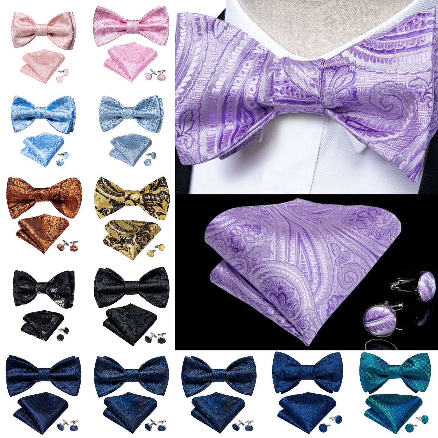 Self Mens Bowtie Hankie Cufflinks Set Wedding Formal Casual Bow Ties