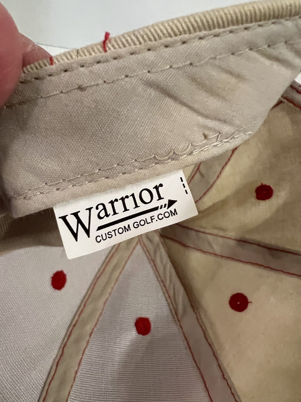 Warrior Custom Golf Hat Strap Back Beige Red Contrast Stitch Spellout