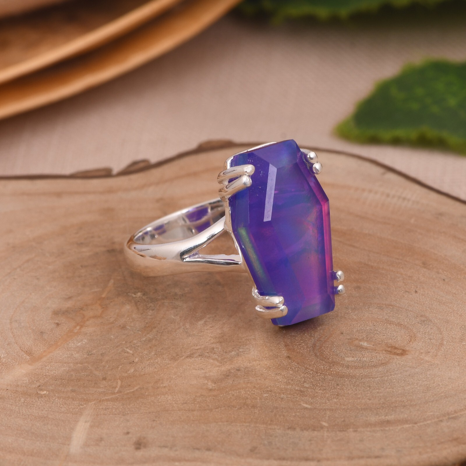 Nebula Opal Coffin Shape Engagement Ring 925 Sterling Silver Gift For Love