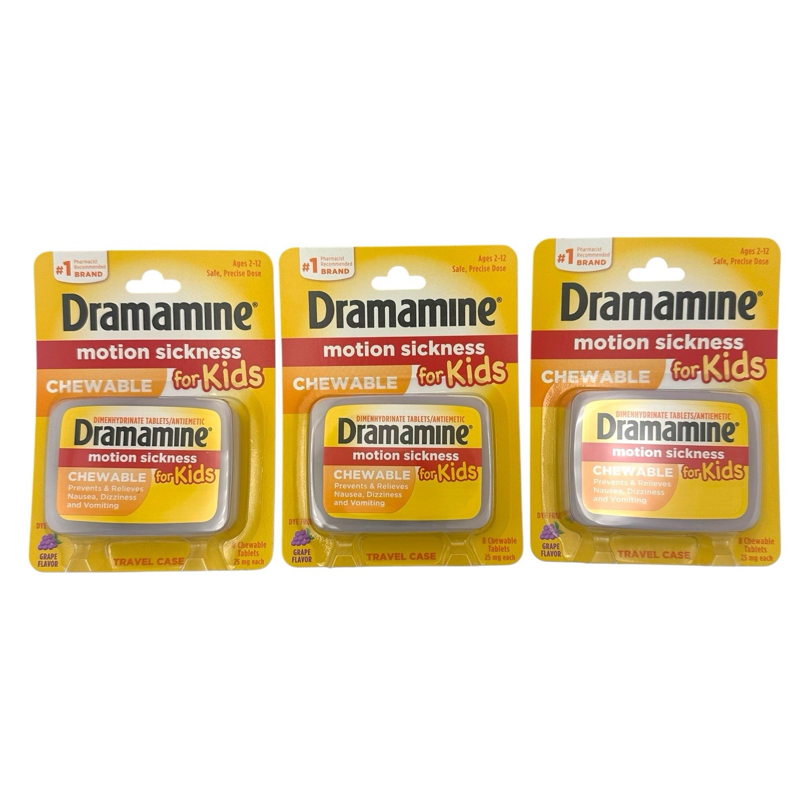 Dramamine Kids Chewable Motion Sickness Relief Grape 8 Count EXP 01/27 - 3 PACK!