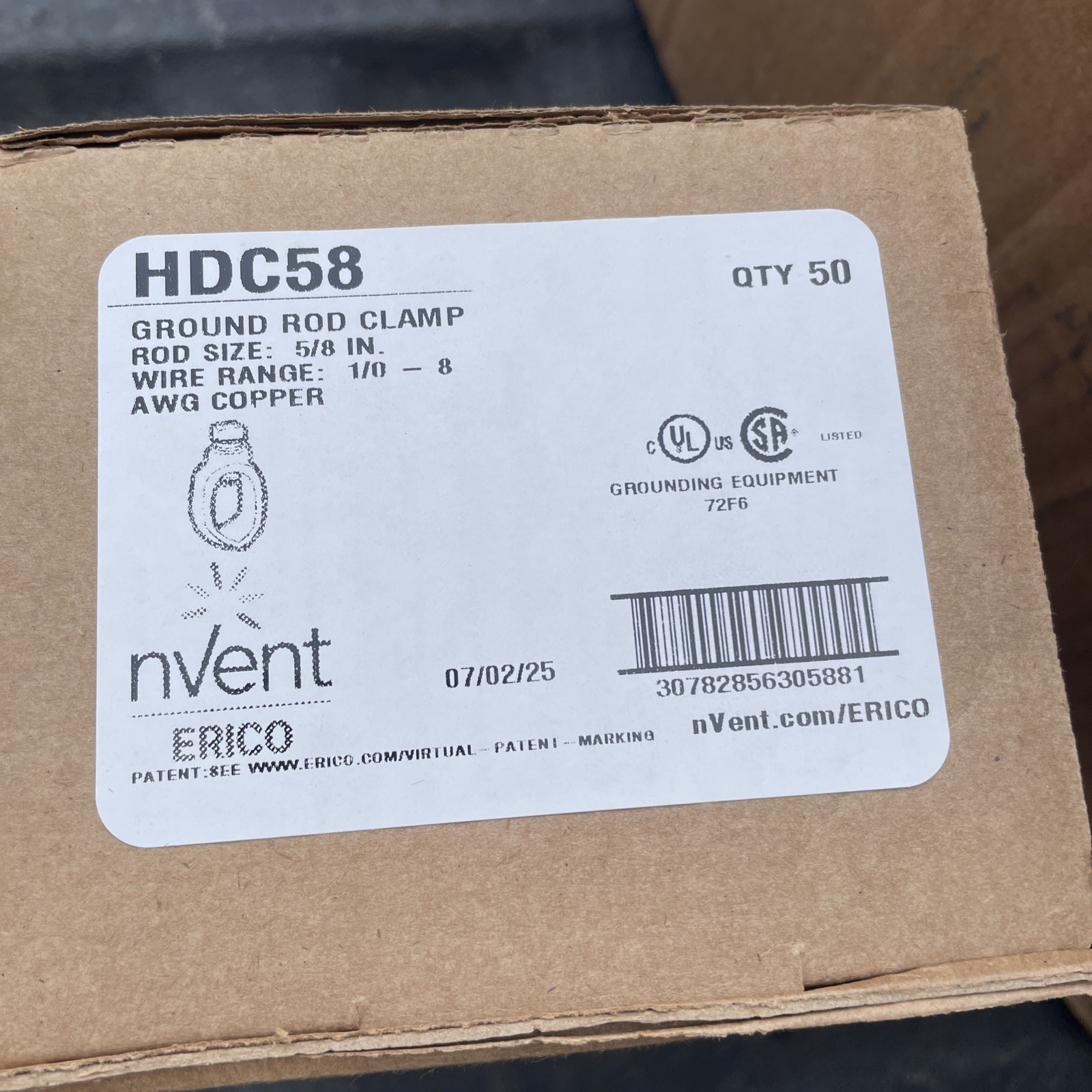 nVent Erico HDC58 Bronze Grounding Rod Clamp 5/8" Wire Range 1/0 - 8 (Box Of 50)