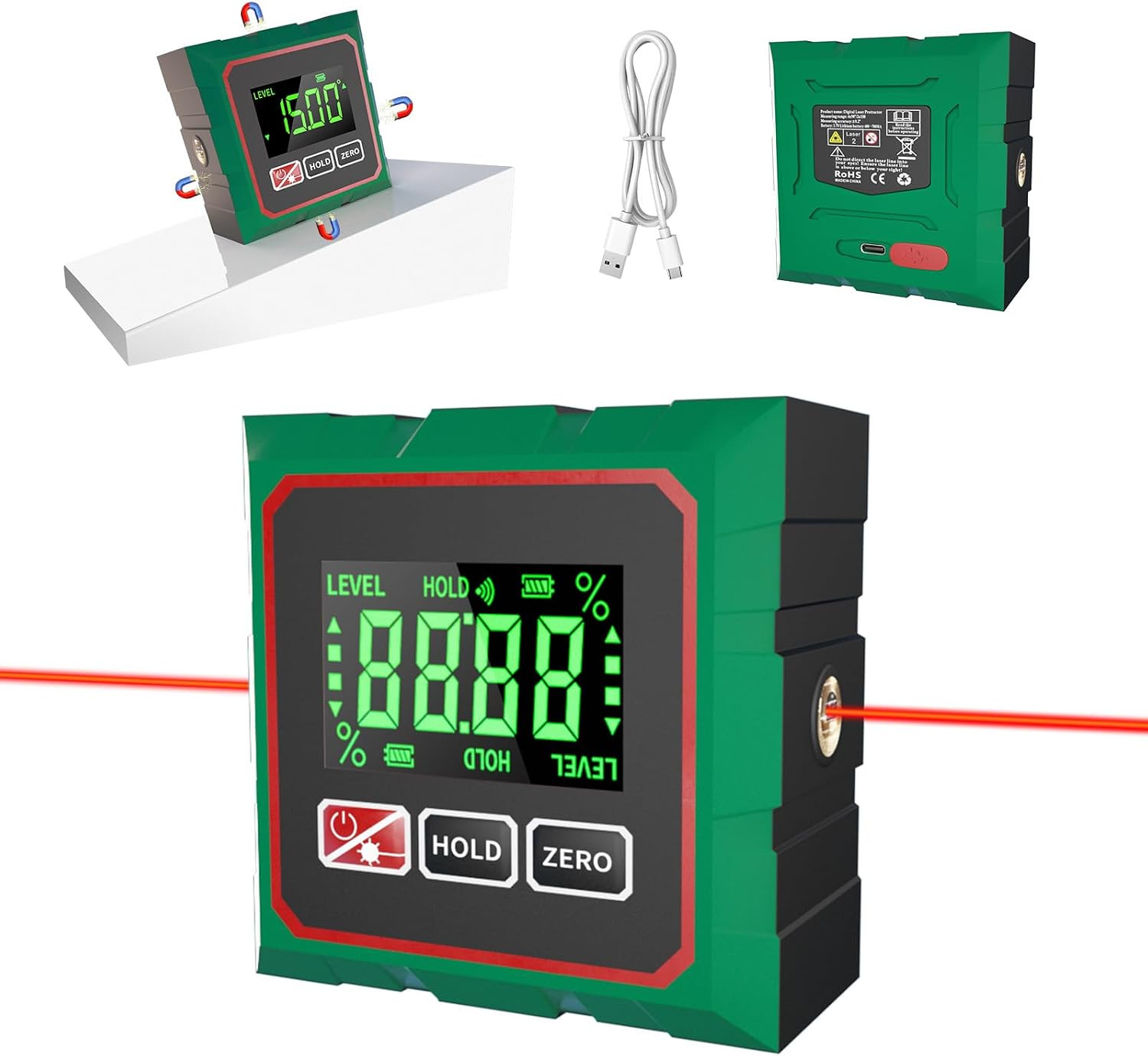 Digital Angle Finder with Laser, 4 Side Magnetic Inclinometer Angle Gauge Cube