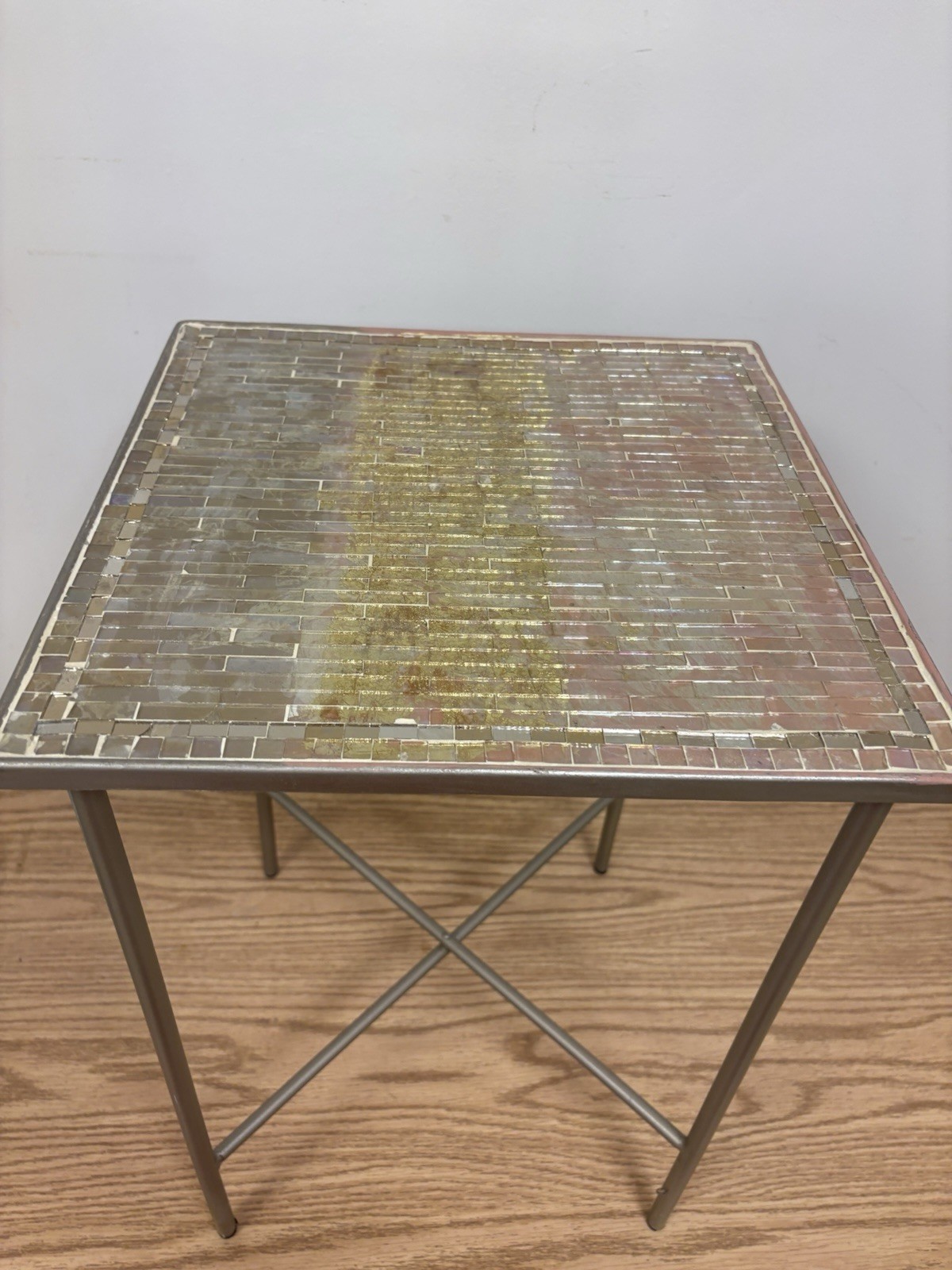 Vintage Pier 1 Gold & Pink Glass Mosaic Table Metal Indoor/Outdoor Patio India