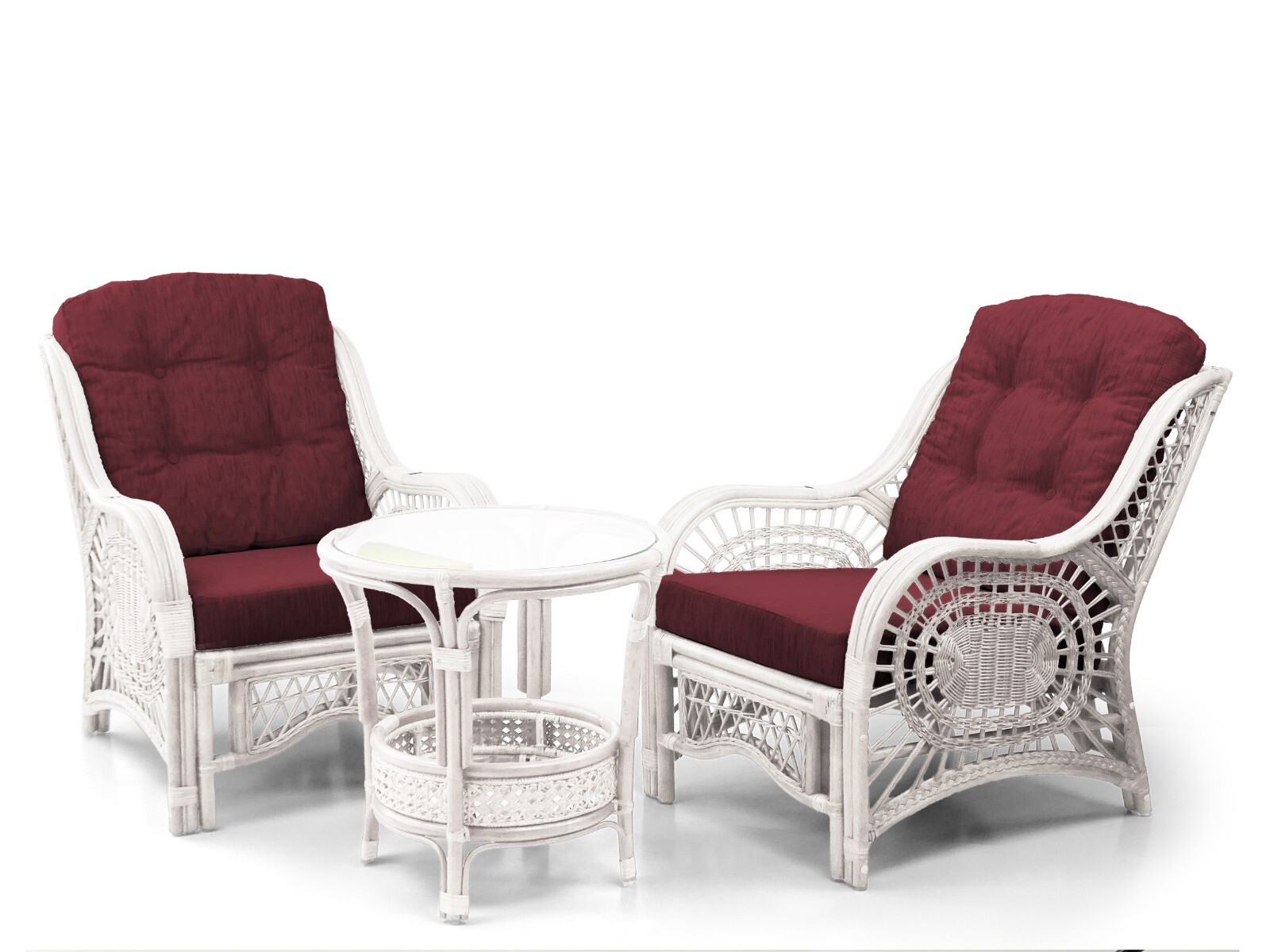 Malibu Living Set of 2 Lounge Chairs Rattan ECO and Coffee Table w/Glass, White