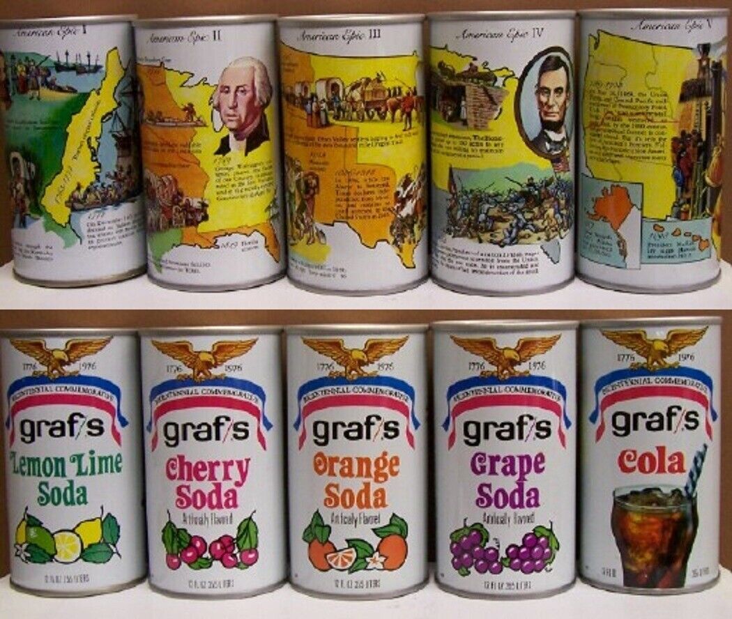 Lot of 5 Diff 1976 Graf's Graf 12 oz S/S Soda Cans American Epic Set 83 1+ H/G
