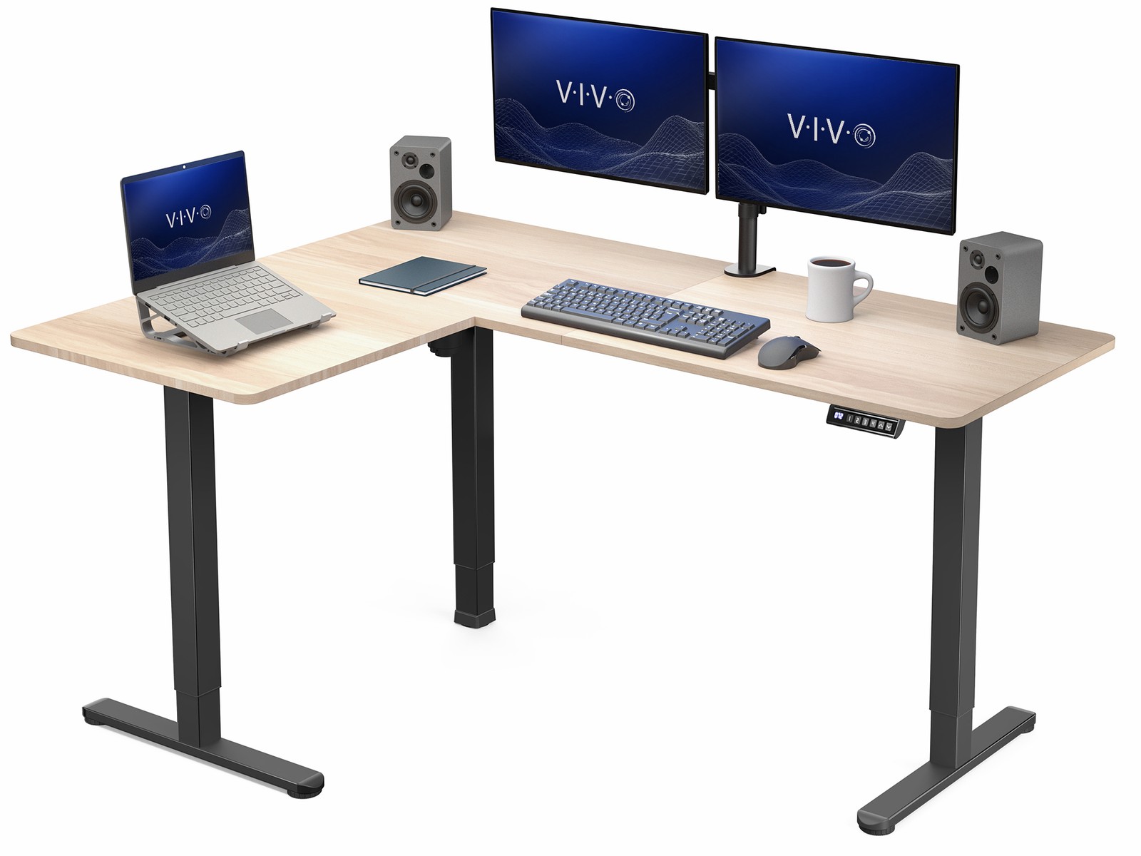 VIVO Light Wood / Black Electric 63" x 47" Corner Standing Desk