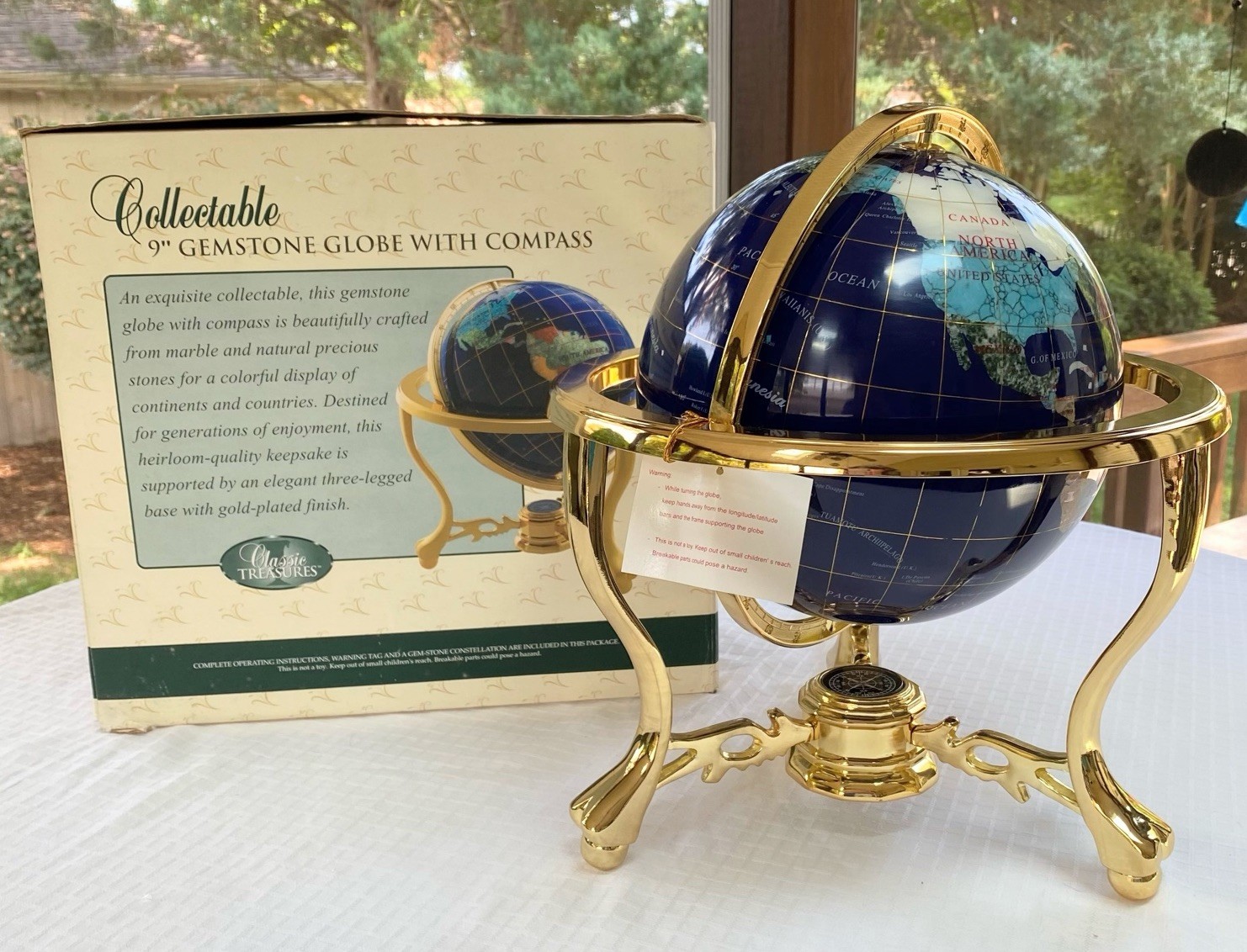 Classic Treasures Hand Laid Gemstone Table Top Globe Gold Stand Compass 13” Tall