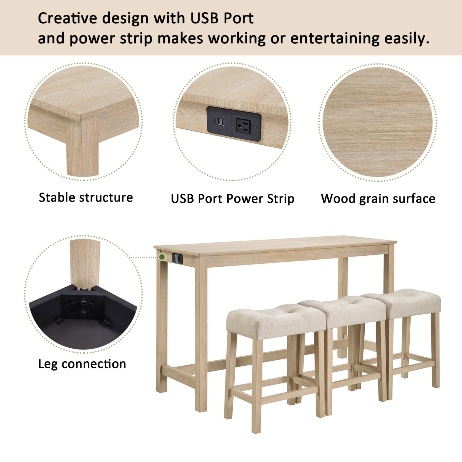 4 Piece Bar Table Set Counter Height Kitchen Dining Table w/ 3 Saddle Bar Stool