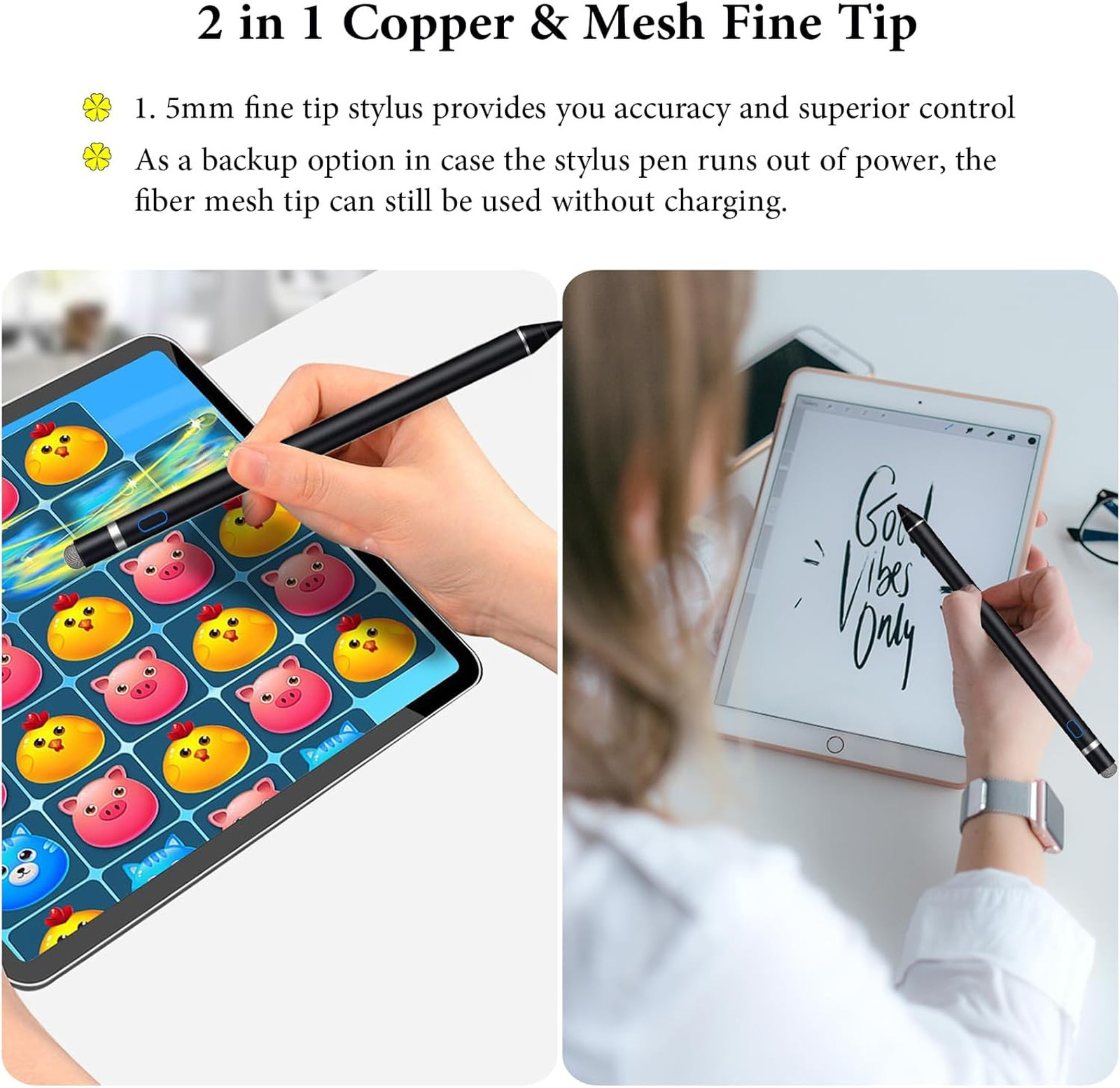 Active Stylus Pen for iPad, iPhone, Android, Dual Touch Rechargeable Digital