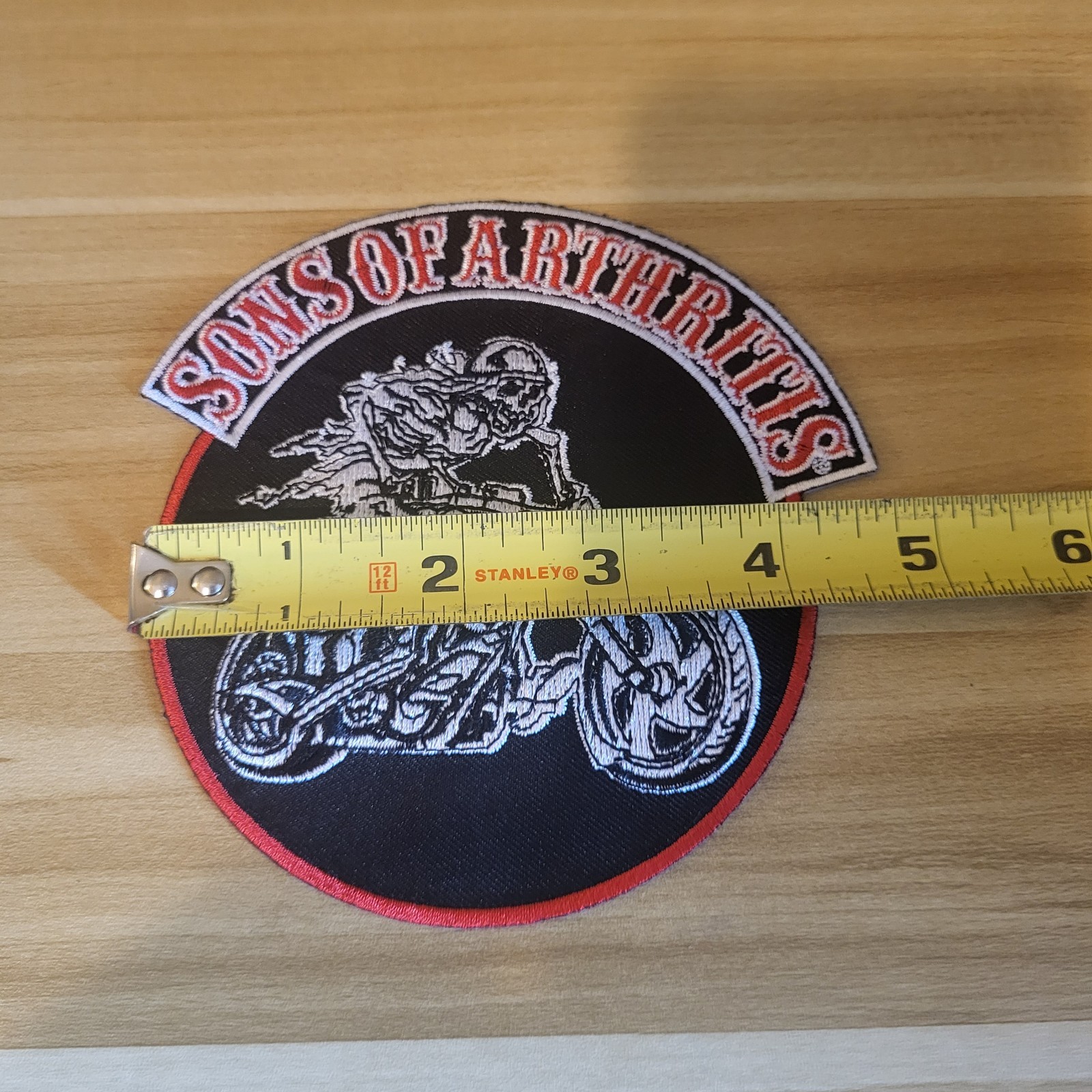 Sons Of Arthritis Biker Patch With Flaming Skeleton Embroidered 5"H x 4.75"W