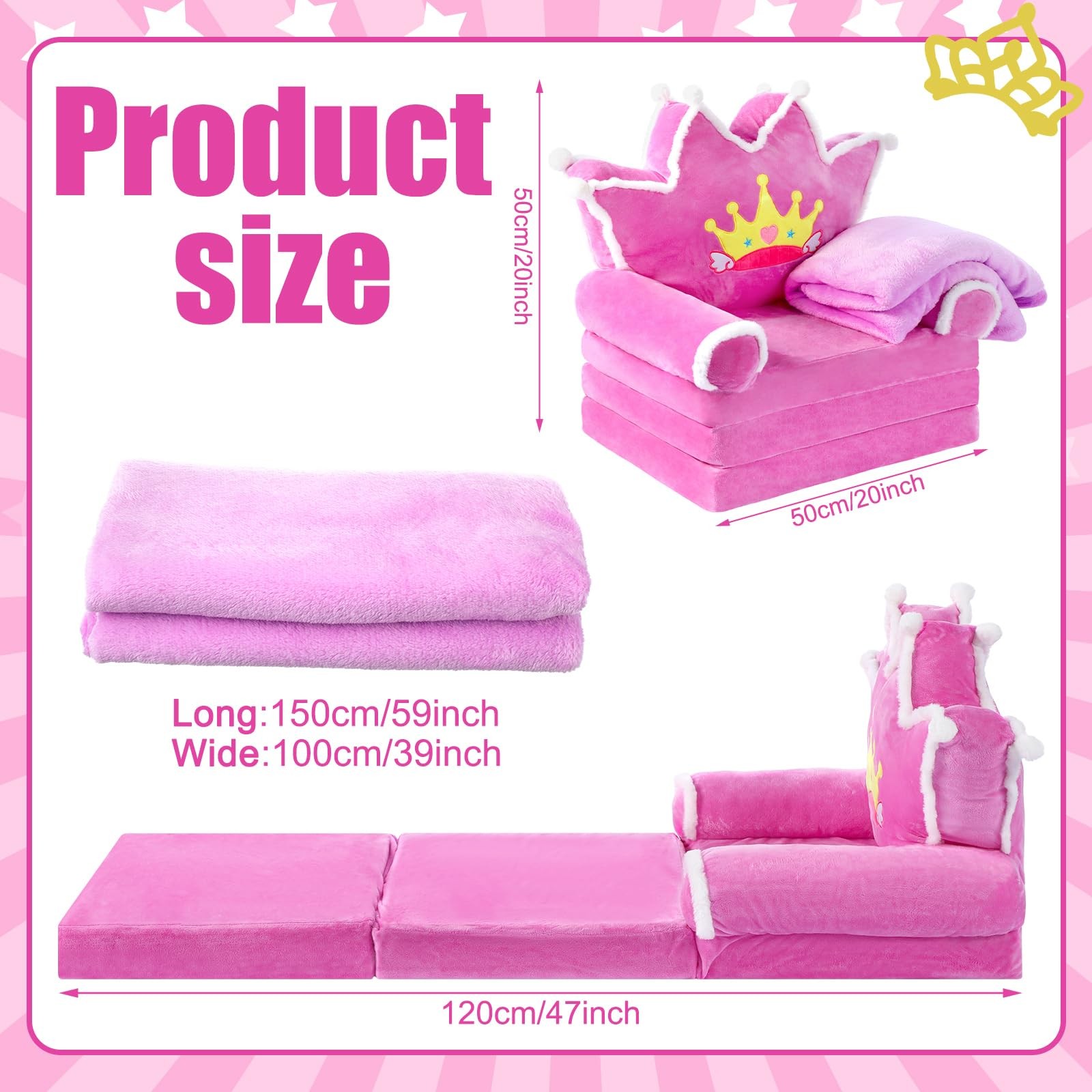 Gifts for Couch 2 in 1 Couch Fold Out with Flannel Blanket Set Soft Princess ...