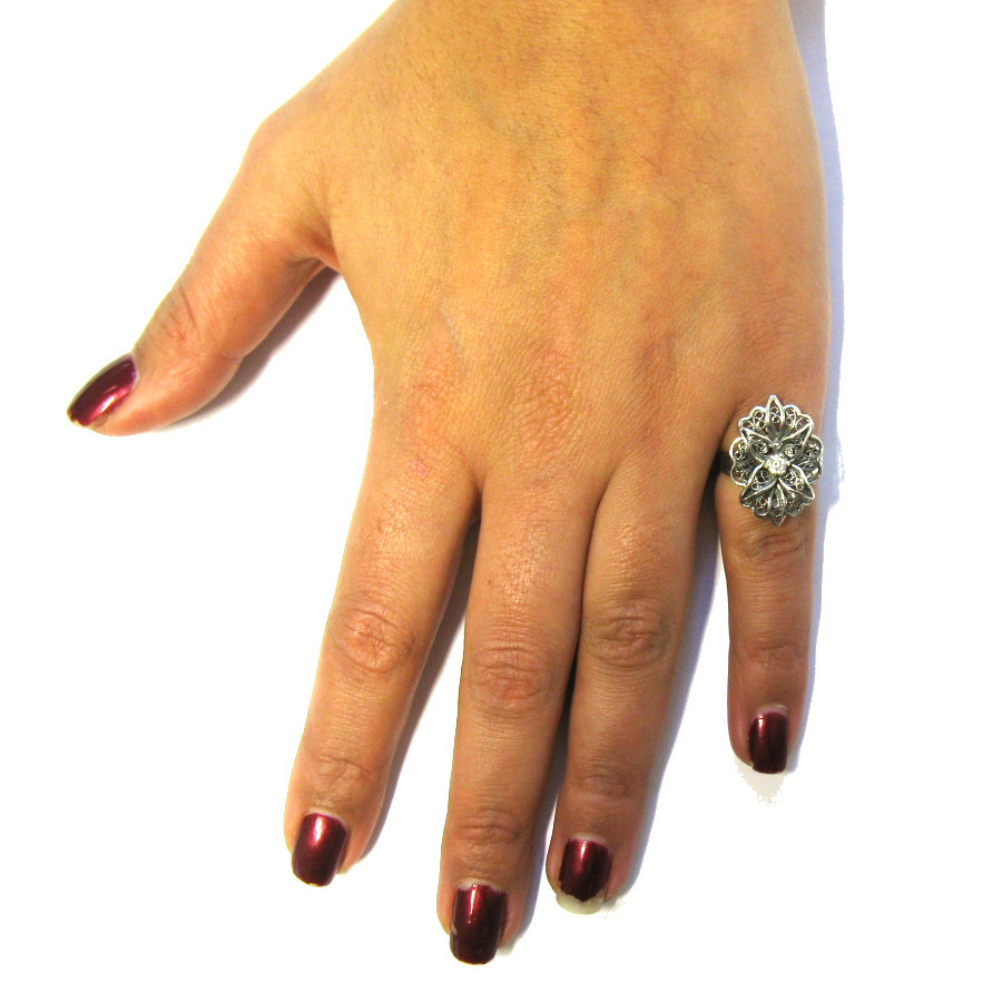 Sterling Silver Filigree Ring Solid 925 With Cubic Zirconia Handcrafted