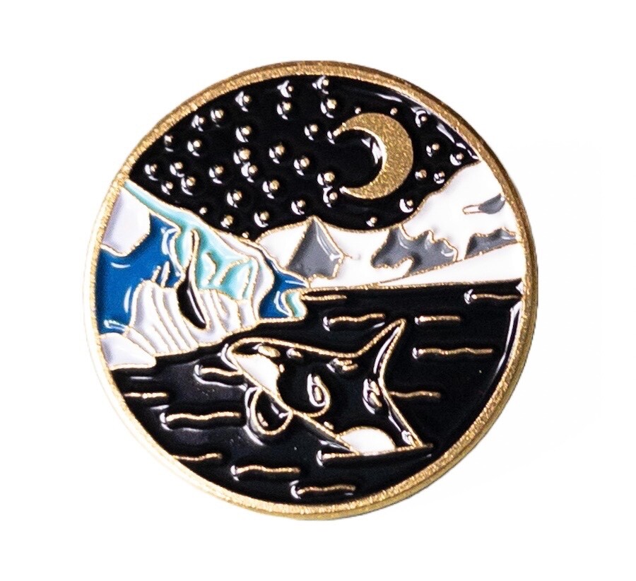 Glaciers at Night with Killer Whale Enamel Lapel Pin,  Moon and Stars Brooch