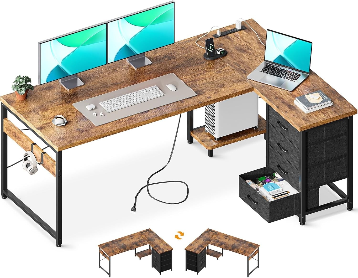 L Shaped Gaming Desk with 4 Drawers, 61" Reversible Home Office Desks with Power