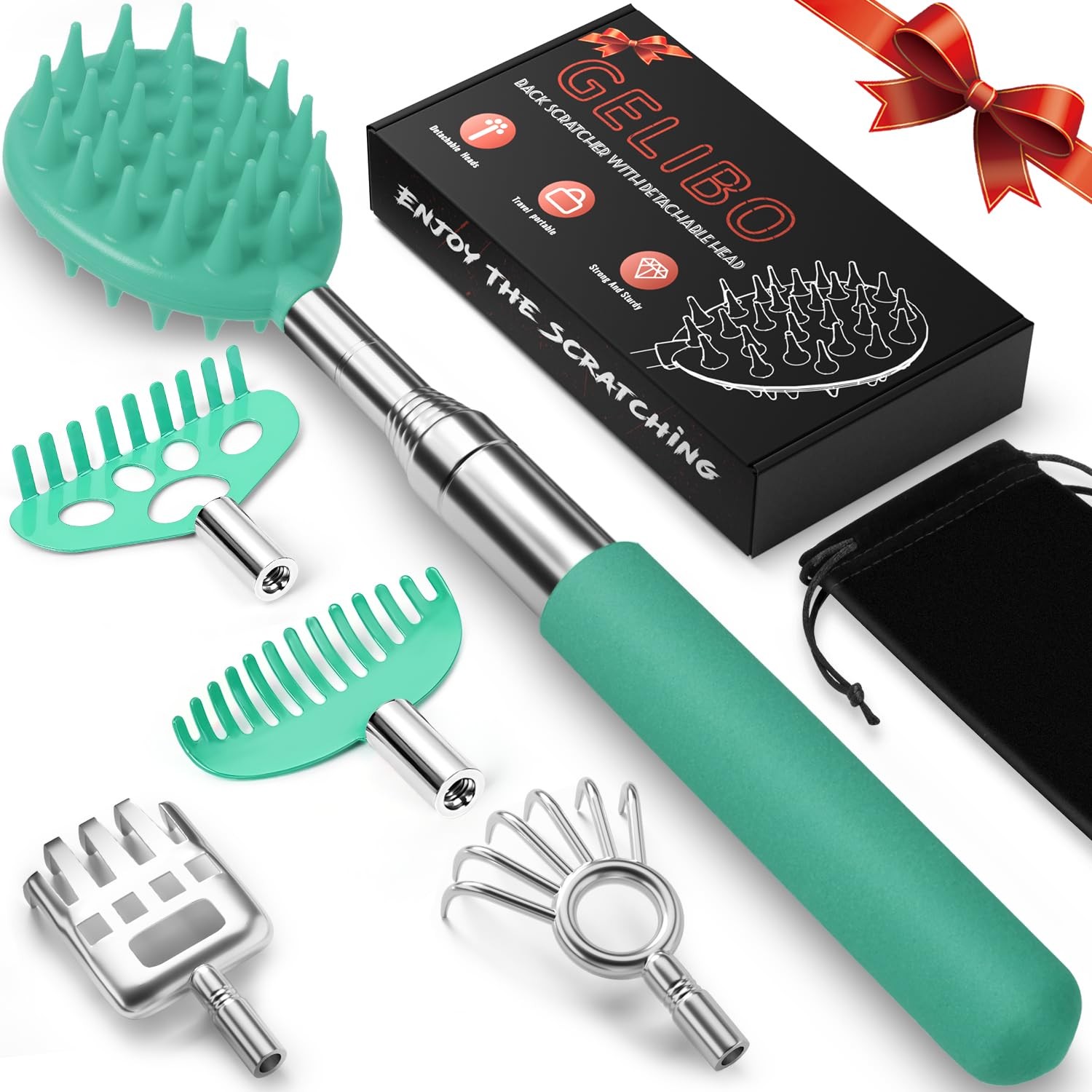 Gelibo Telescoping Back Scratcher with 5Pcs Detachable Heads, Regular, Cyan