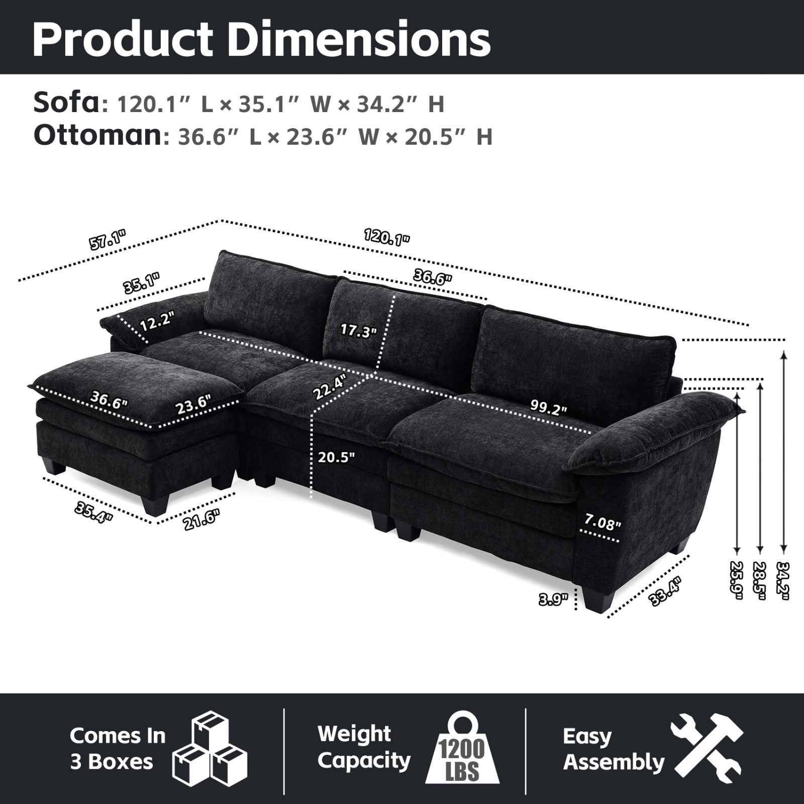 3-Seater L Shape Sectional Sofa Chenille Modular Couch With Movable Ottoman