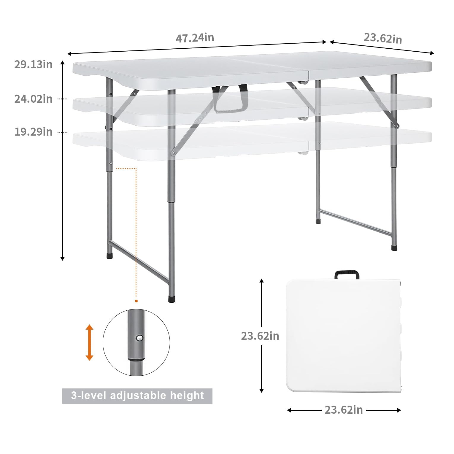 Folding Table 4 Foot Adjustable Height with Built in Handle, White