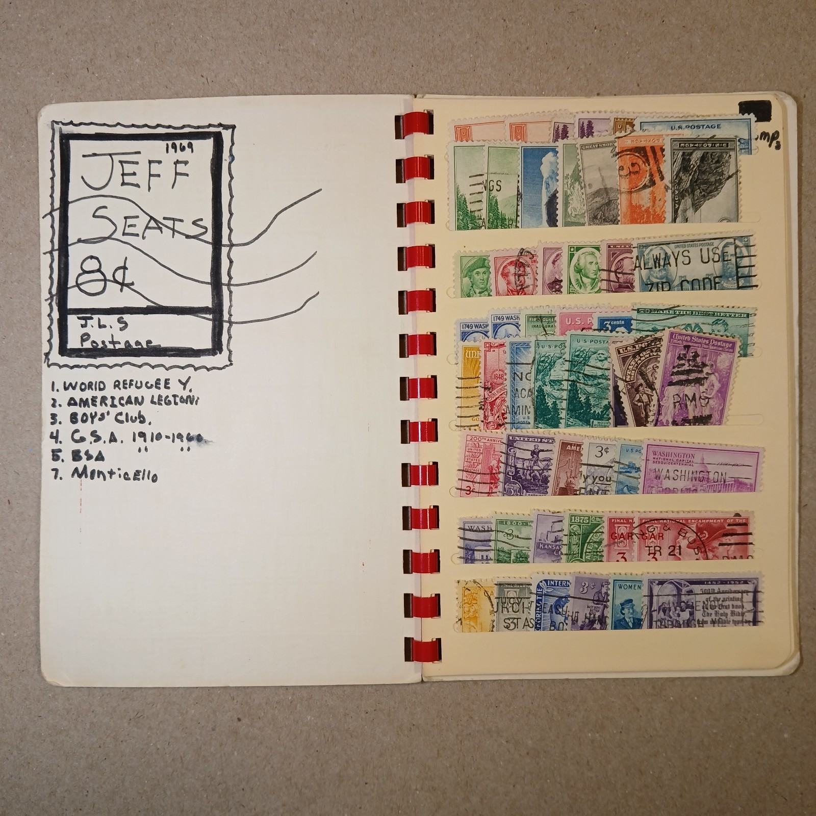 US Used Stamp Collection Stock Book 250+ Postmarked Stamps Mid Century USA
