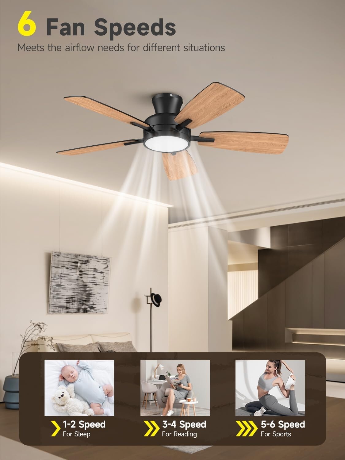 46" Ceiling Fan with Lights, Remote, Reversible, Dimmable, Black Modern Fan