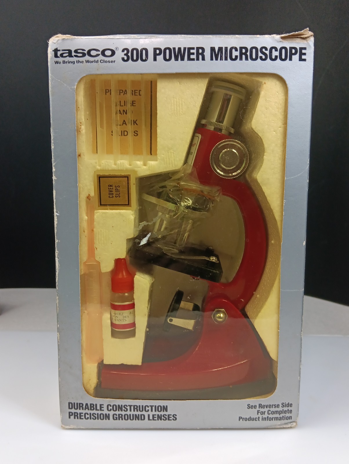 1984 Tasco 300 Power Microscope-Discovery Box 4 Slides-Gum Medium-Dropper Comp.