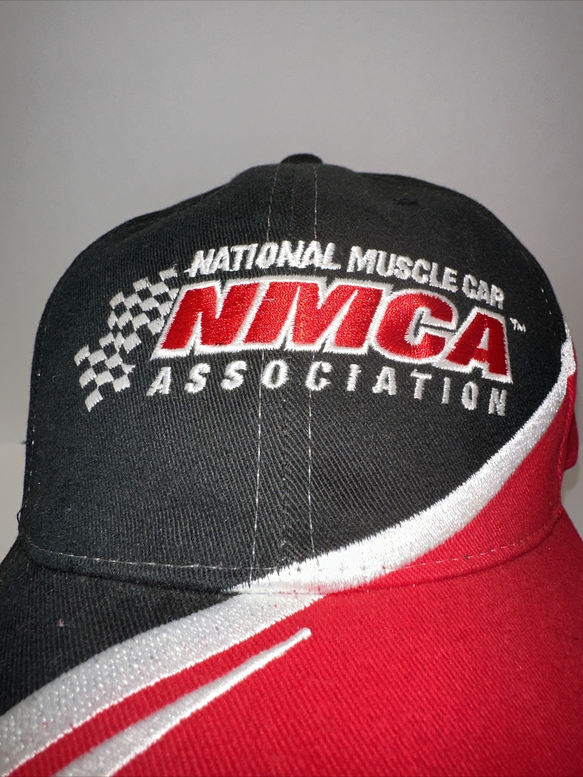 National Muscle Car Assoc. NMCA Hat Cap Half Black Half Red w White Hook Loop