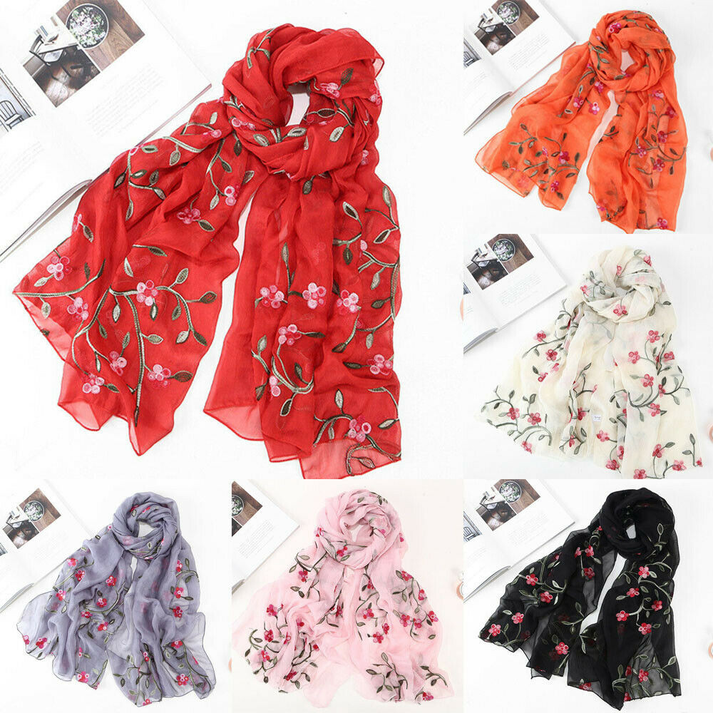 Women Flower Embroidery Soft Long Neck Scarf Wrap Shawl Stole Scarves Chiffon