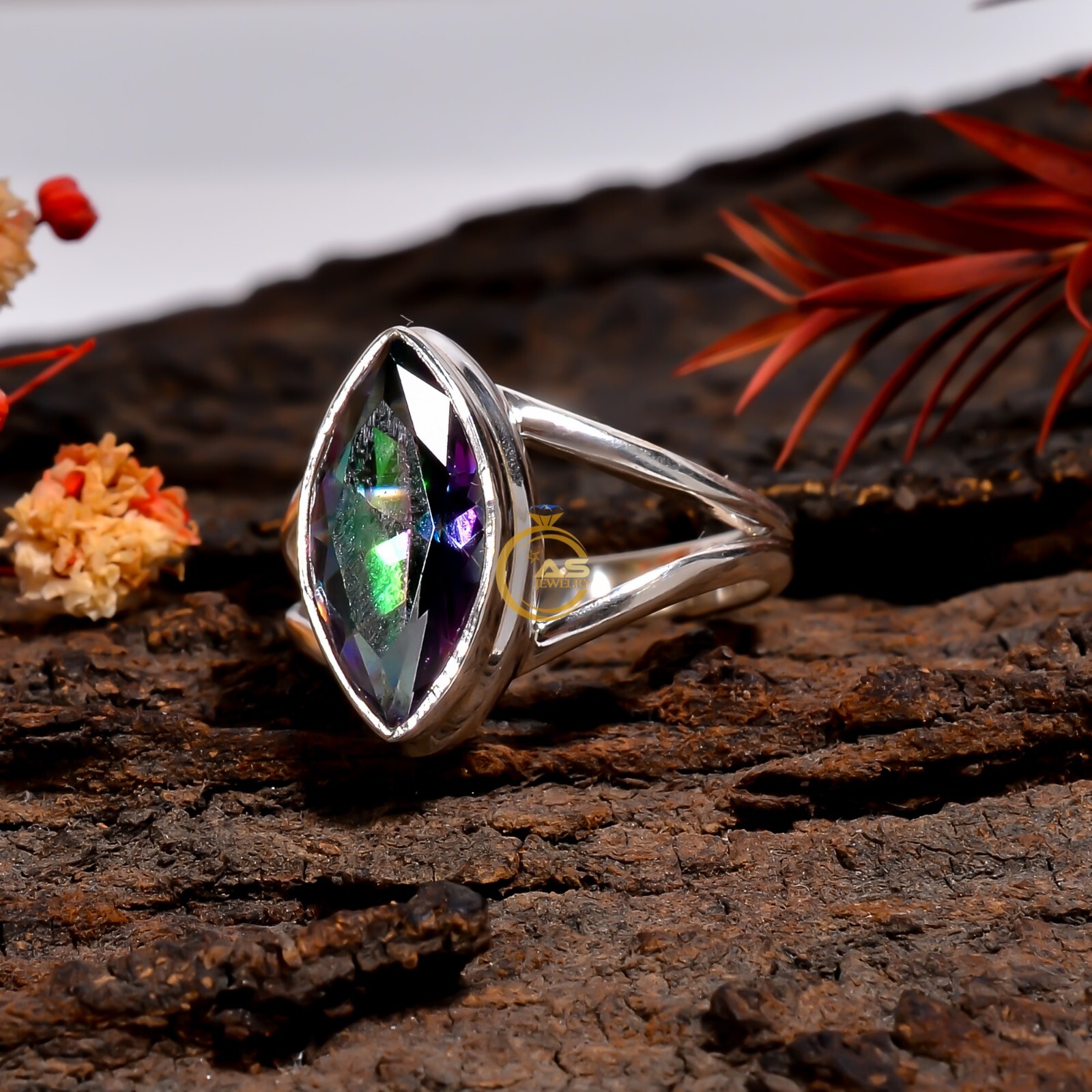 Top Quality Solid 925 Sterling Silver Jewelry Ring Rainbow Mystic Topaz Gemstone