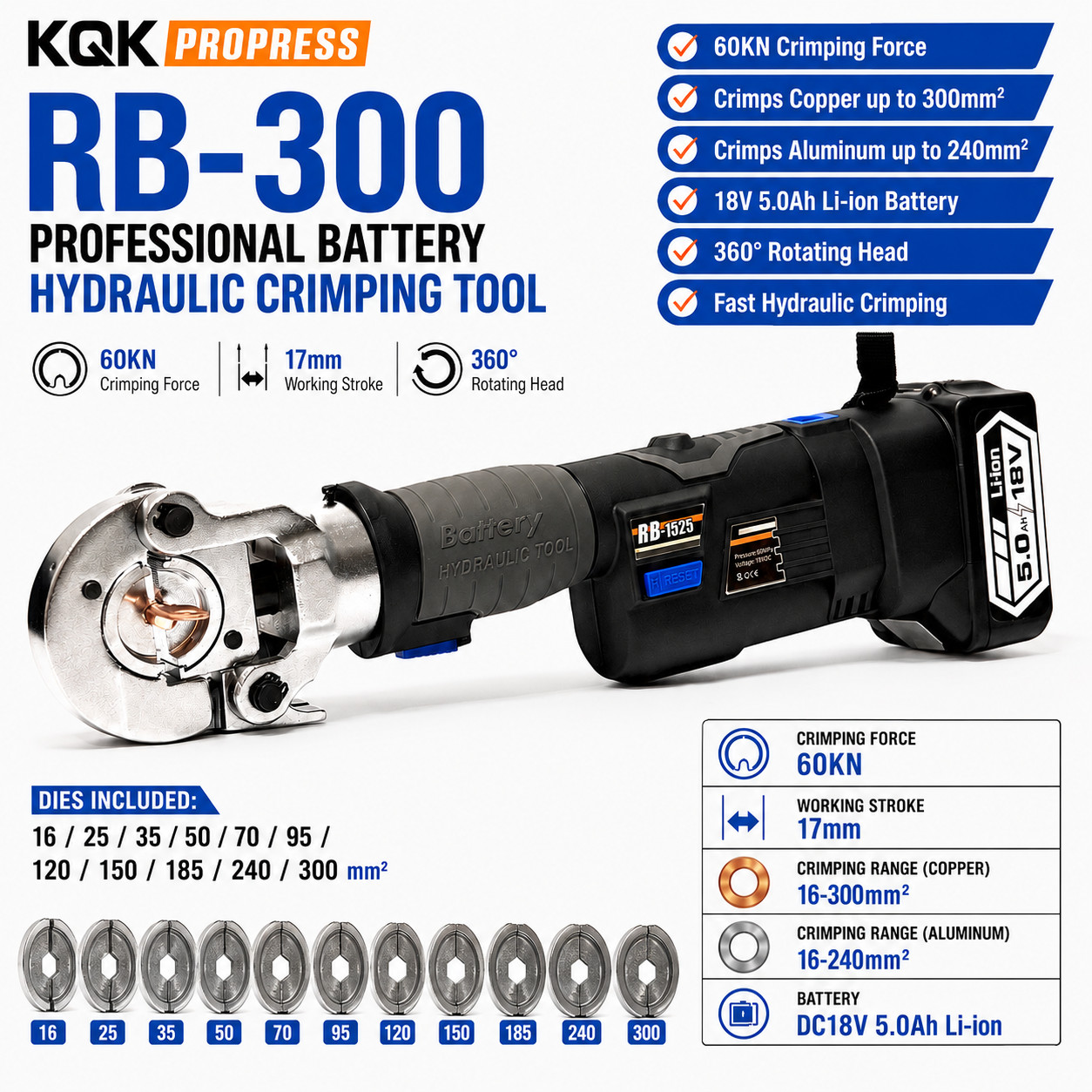 60KN Battery Hydraulic Cable Lug Crimper 16-300mm² with 18V Battery