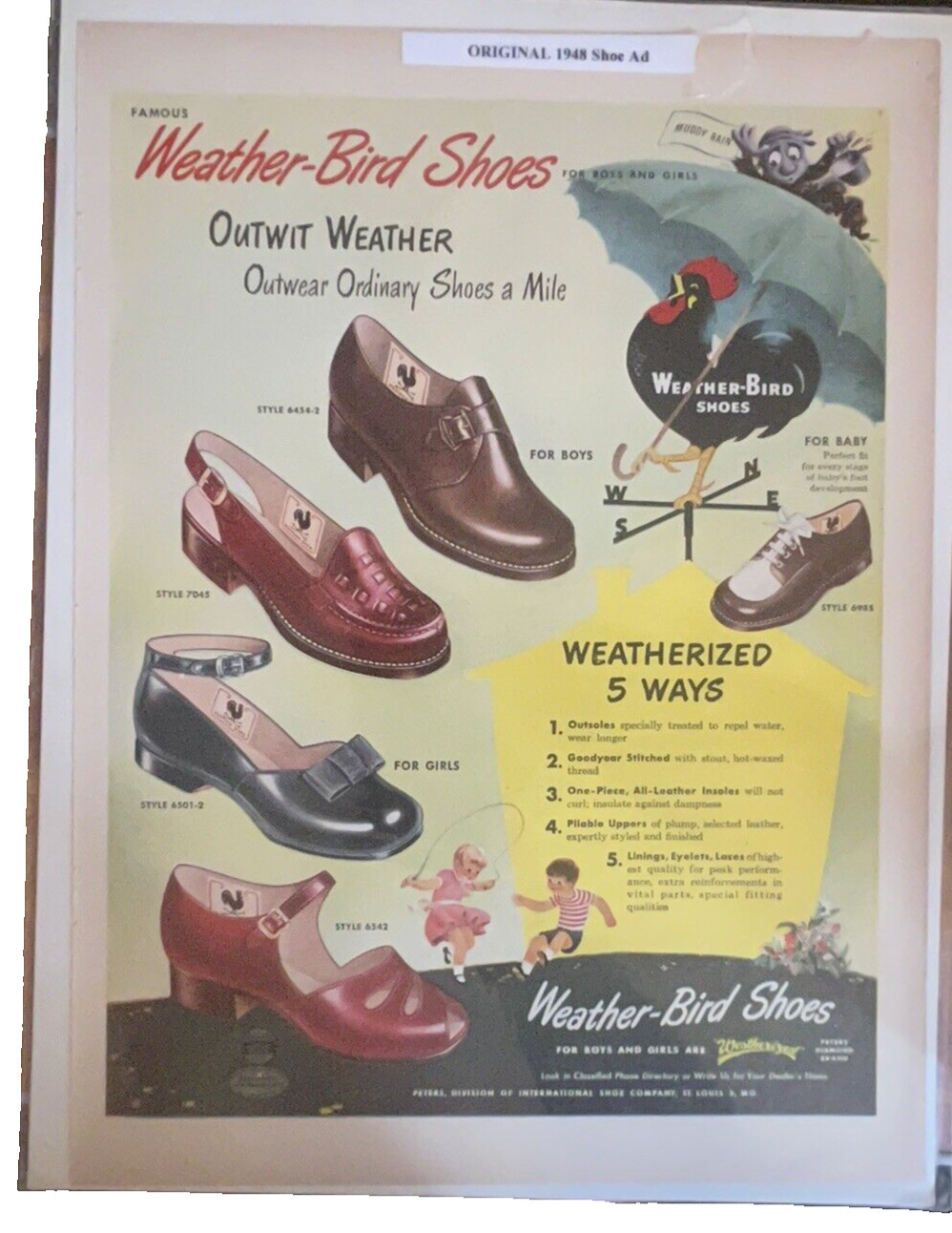 1948 Weather Bird Shoes print Ad Vintage Color Int'l Shoe Co Rooster Good Housek