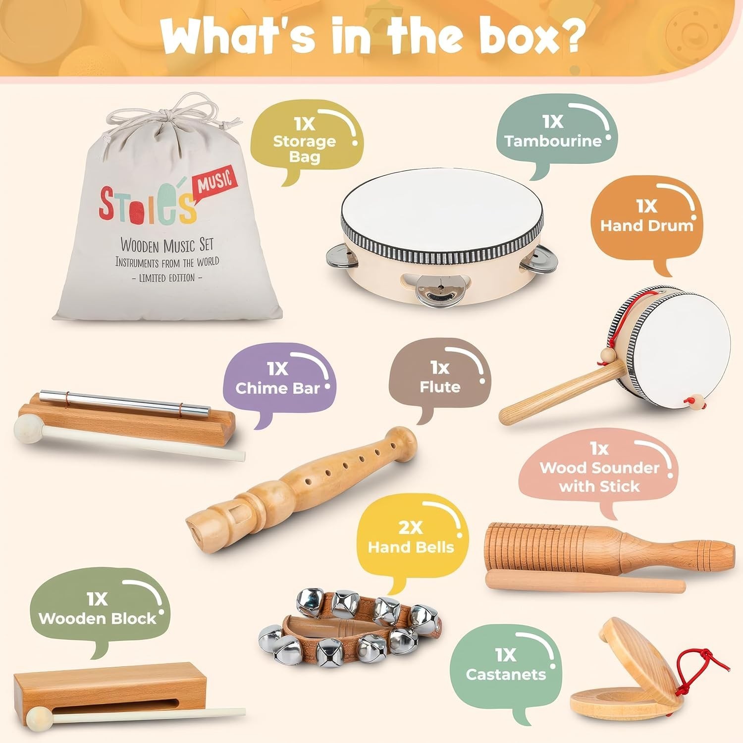 Wooden Toddler Musical Instruments with Drum, Hand Bells, Flute, Maracas, Cas...
