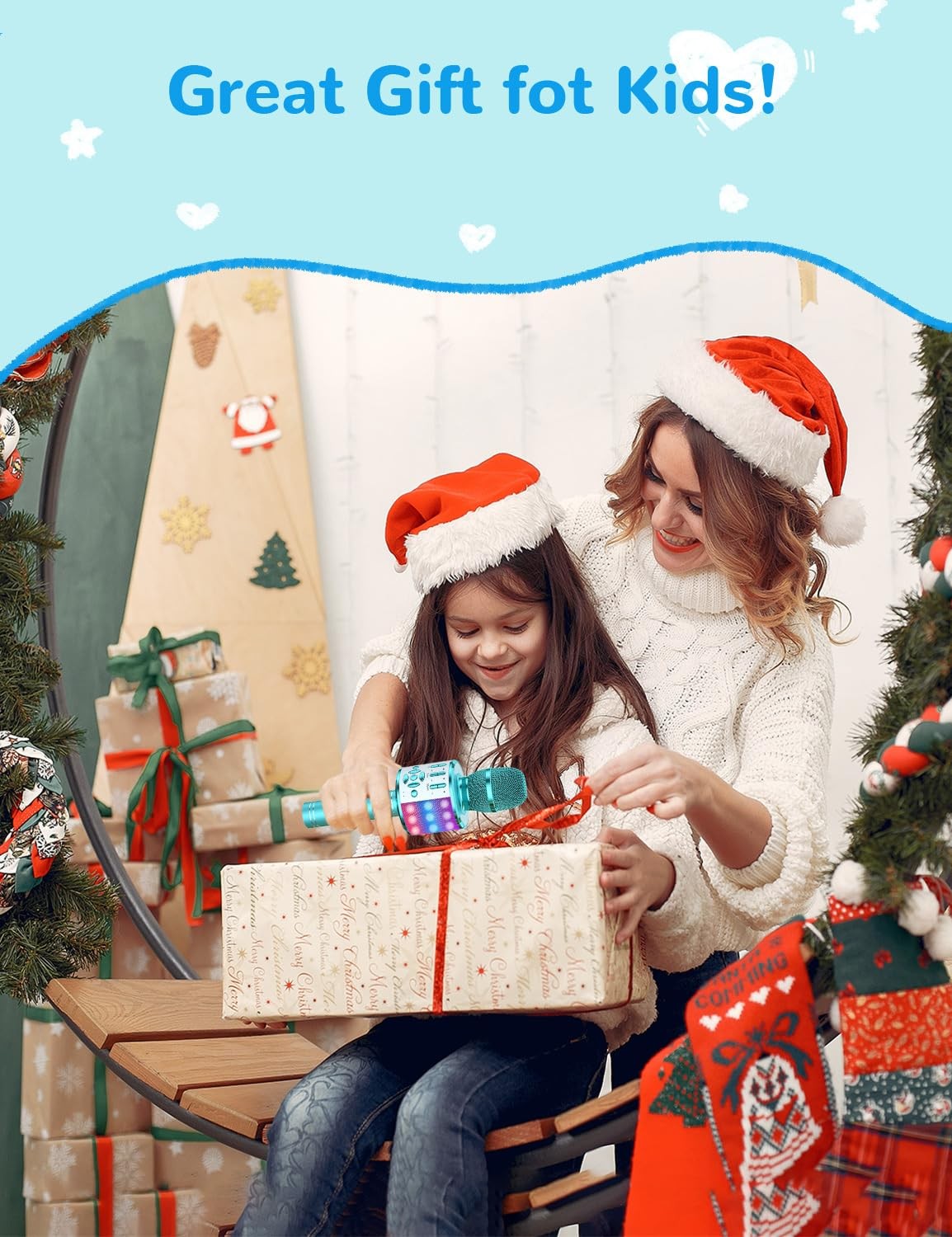 Kids Karaoke Microphone Bluetooth with LED Light Toy Gift for Children Blue