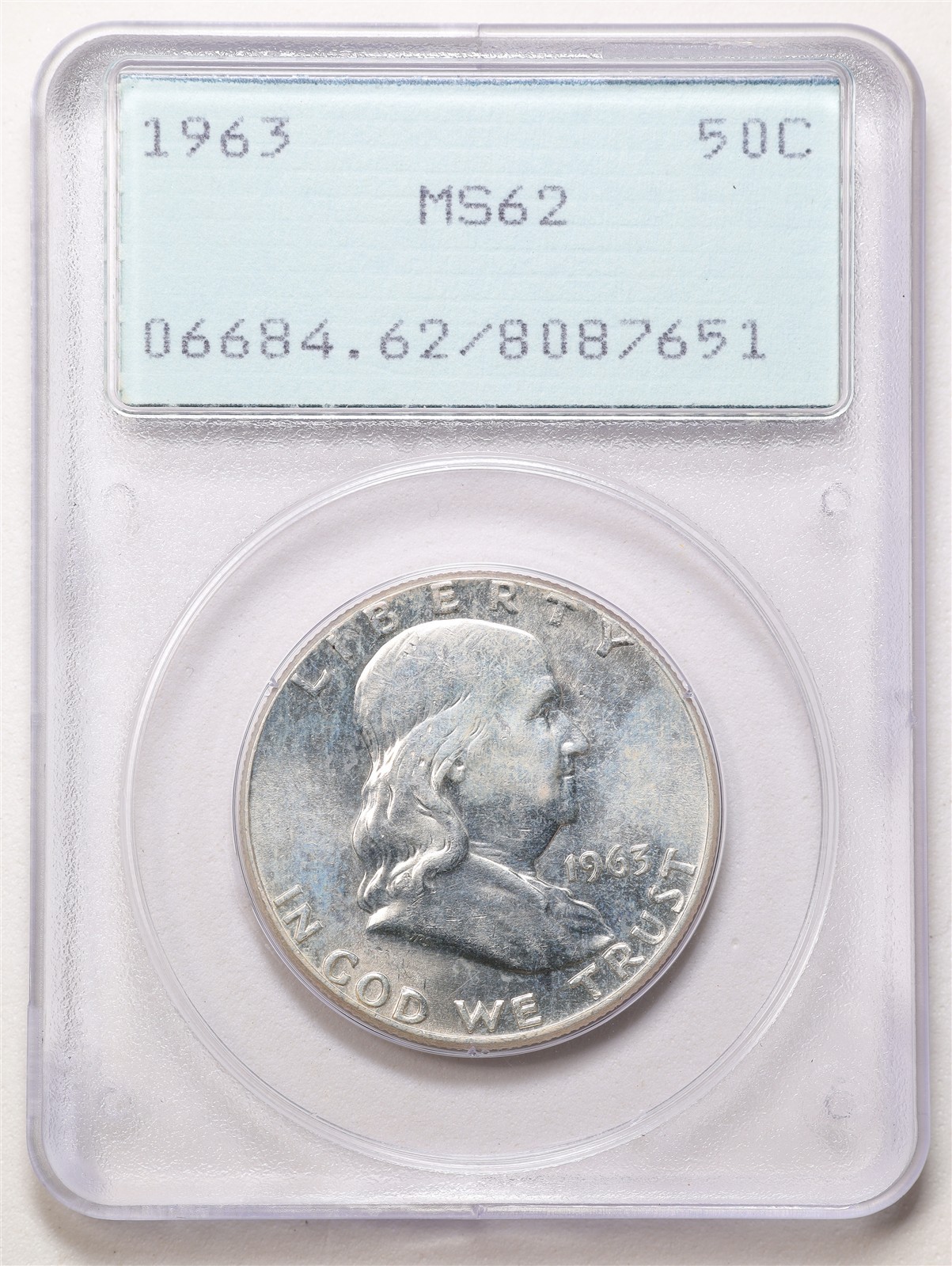 1963 50C Franklin Half Dollar MS62 PCGS 8087651 "Rattler" Holder
