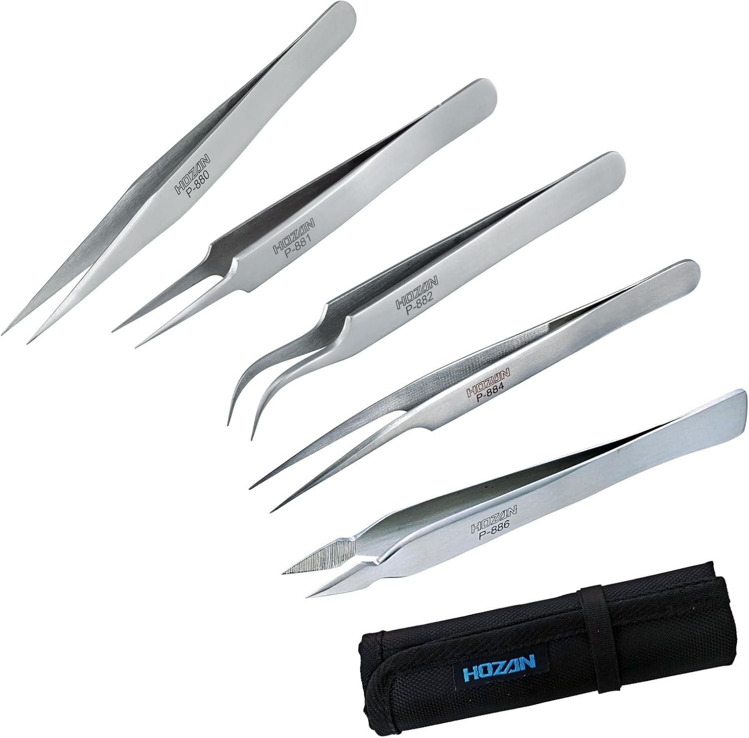 HOZAN Thin Tip Tweezers, Stainless Steel, Model P-880 P-881 P-882 P-884 P-886